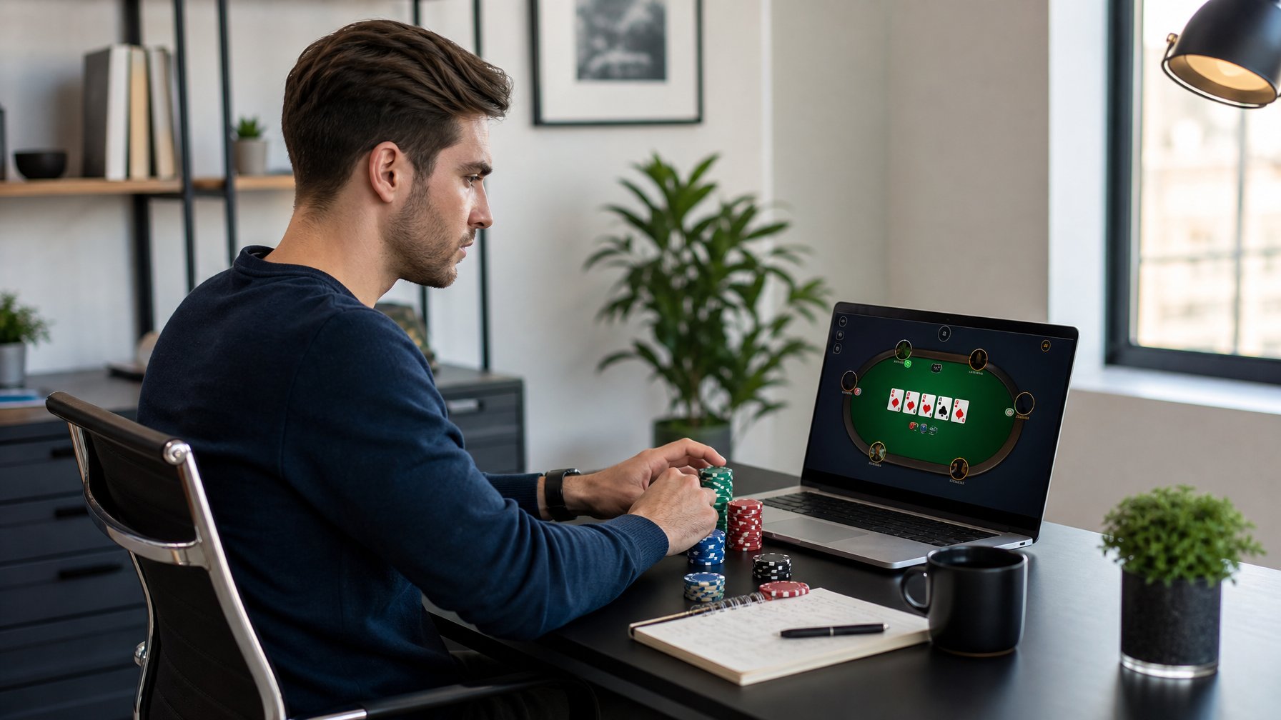 Seorang dewasa muda sedang bermain Turbo Hold'em poker online dengan laptop, sambil mengatur chip poker di meja dalam ruangan yang terang dan rapi.