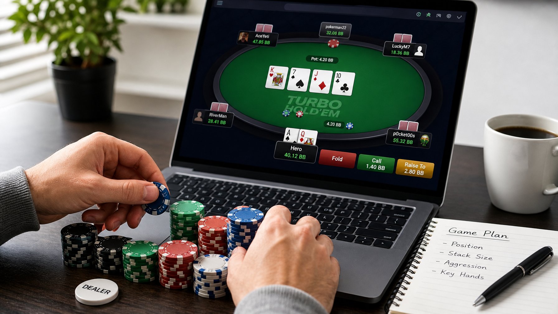 Tangan seseorang sedang mengatur chip poker di depan layar komputer yang menampilkan permainan Turbo Hold'em online.