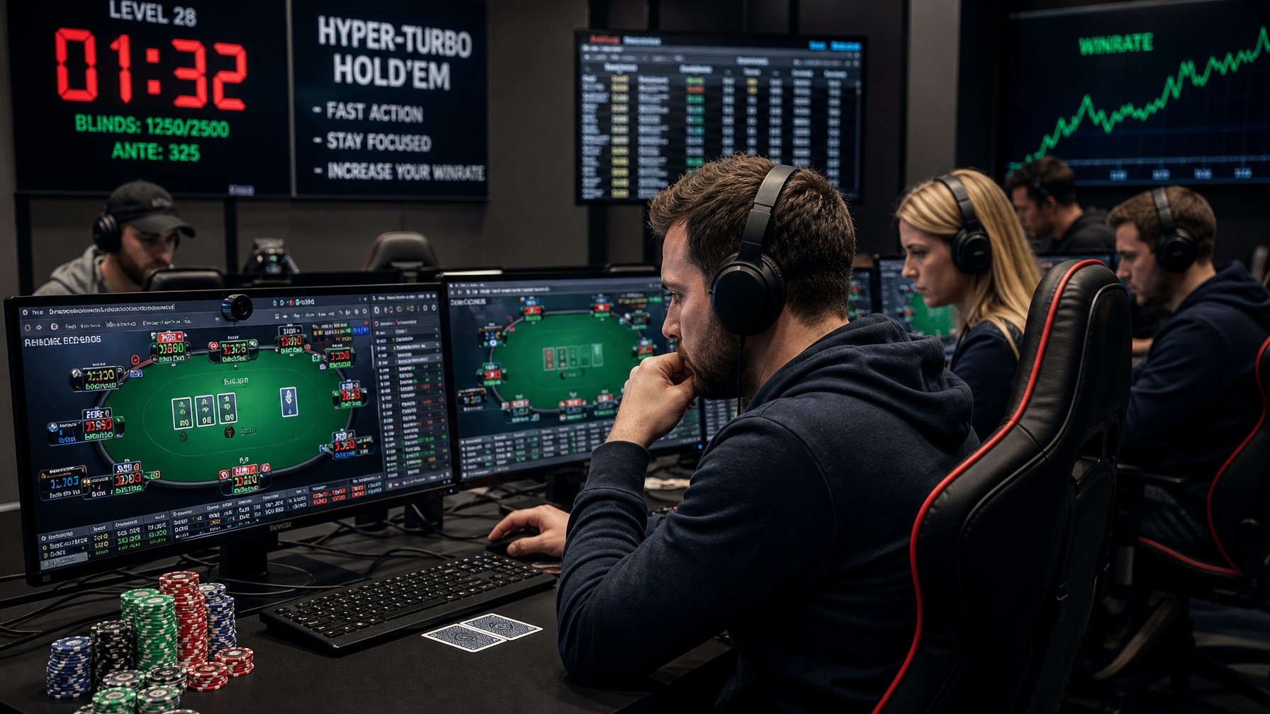 Beberapa pemain poker online fokus bermain di depan layar komputer dengan chip dan kartu di meja.