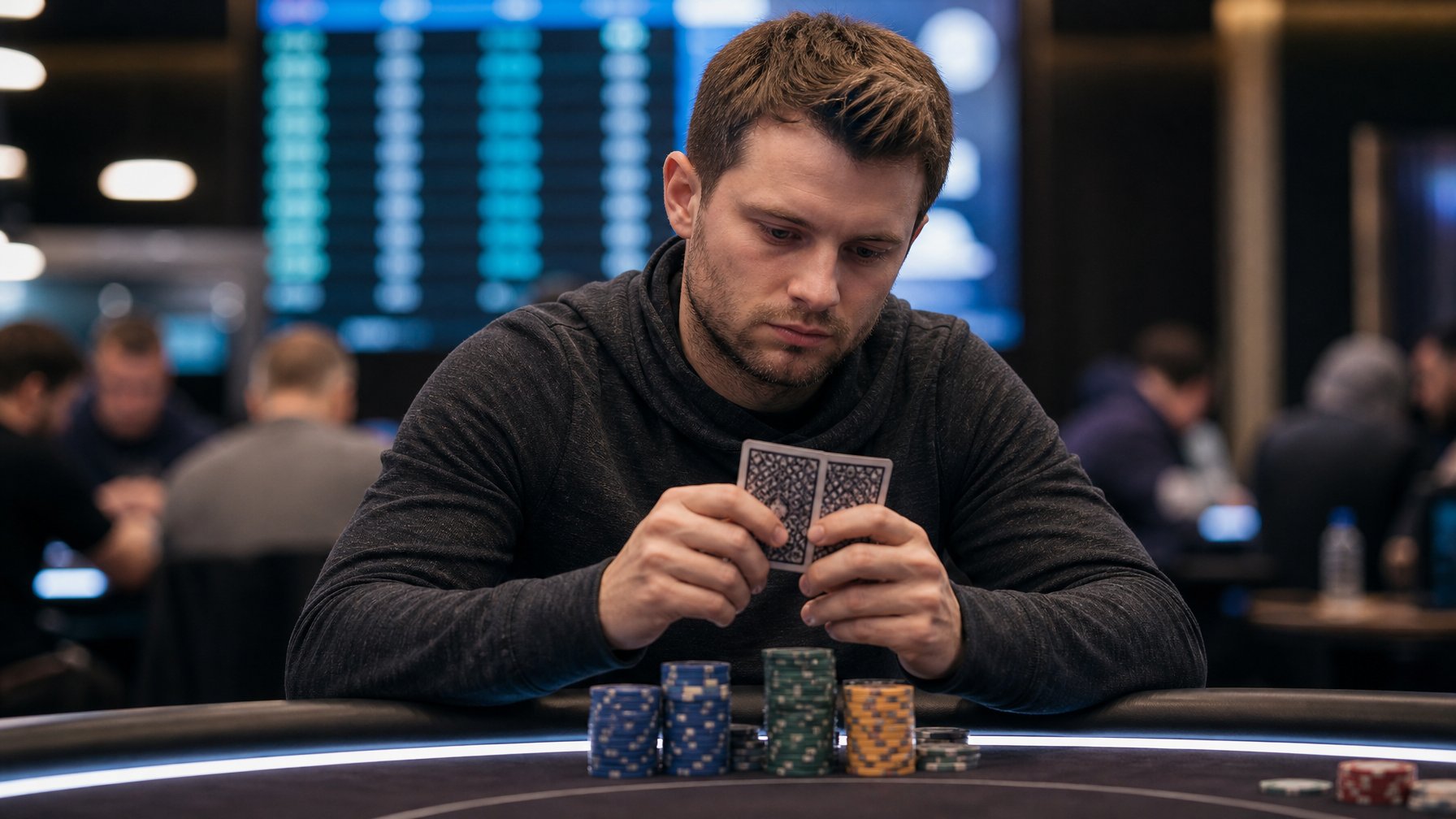 Seorang pemain poker serius duduk di meja poker dengan kartu dan tumpukan chip, latar belakang menunjukkan suasana turnamen yang intens.