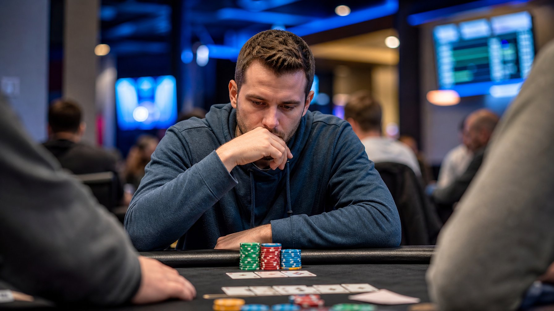 Seorang pemain poker fokus duduk di meja kasino dengan tumpukan chip dan kartu di depannya, sedang bermain Turbo Hold'em.