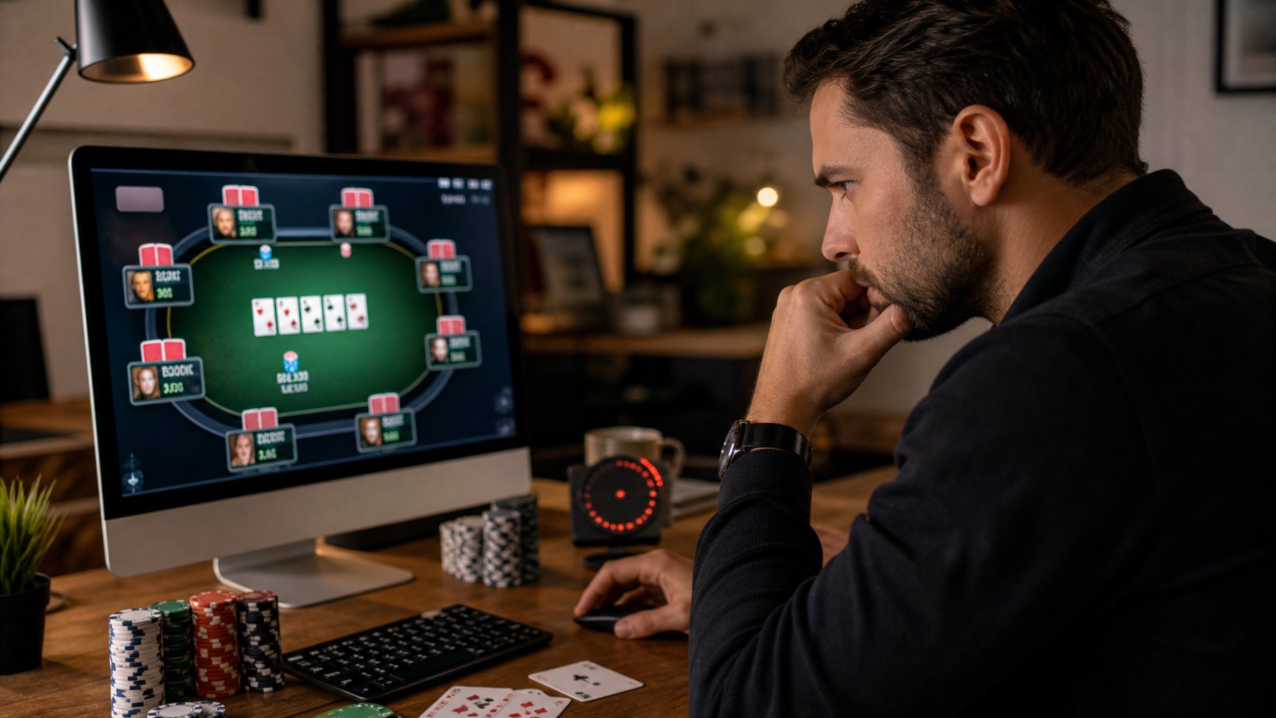 Seorang pemain duduk di depan komputer dengan tampilan permainan poker online dan tumpukan chip kecil di meja.