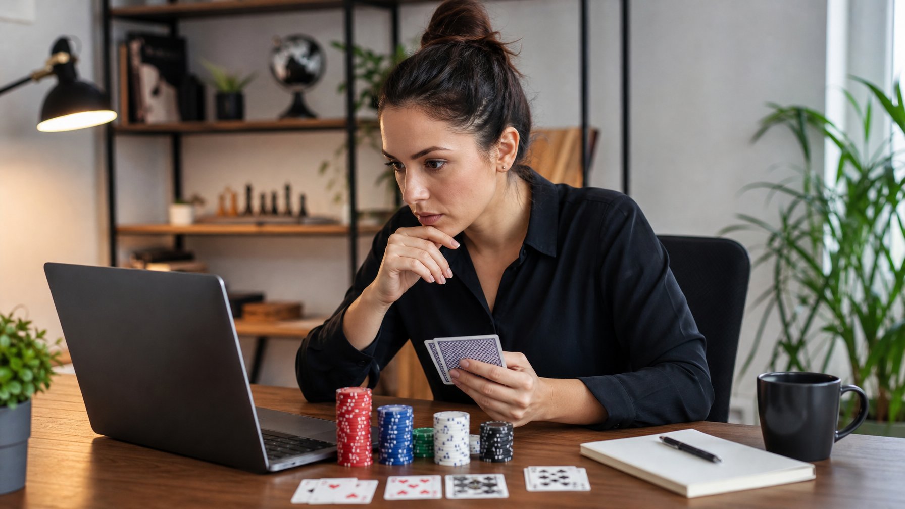 Seorang wanita muda fokus bermain poker online di depan laptop di ruang kerja yang rapi dan terang.