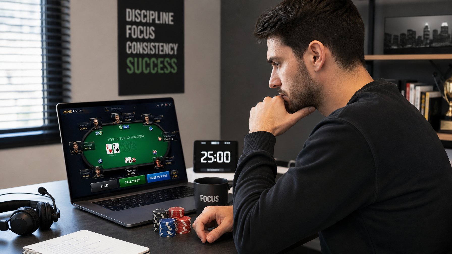 Seorang pria muda fokus bermain poker online di depan laptop dengan suasana ruangan yang rapi dan peralatan poker di meja.
