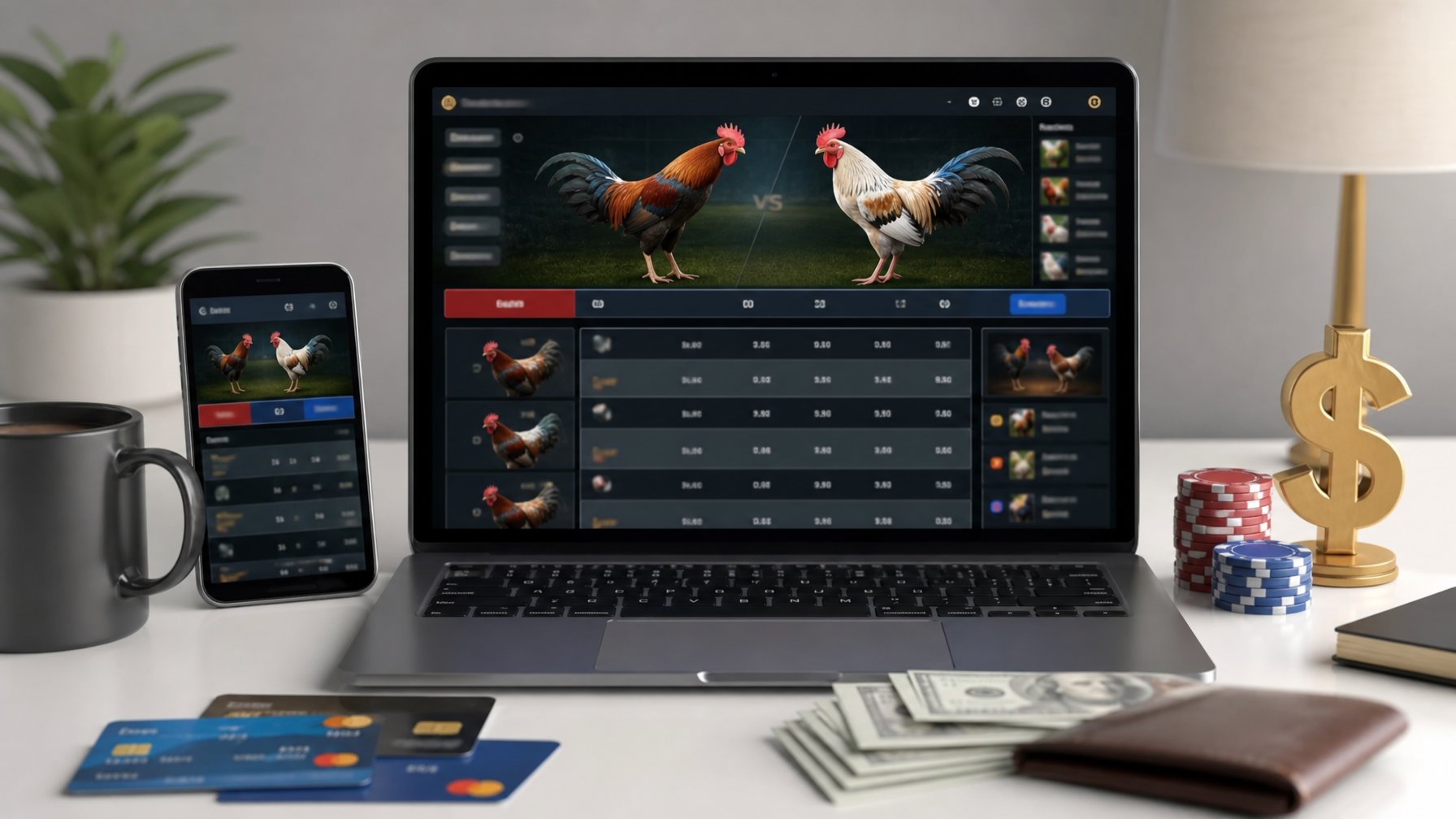 Seorang pengguna duduk di depan laptop dengan tampilan situs taruhan sabung ayam online, dikelilingi oleh elemen transaksi digital seperti kartu kredit dan ponsel.