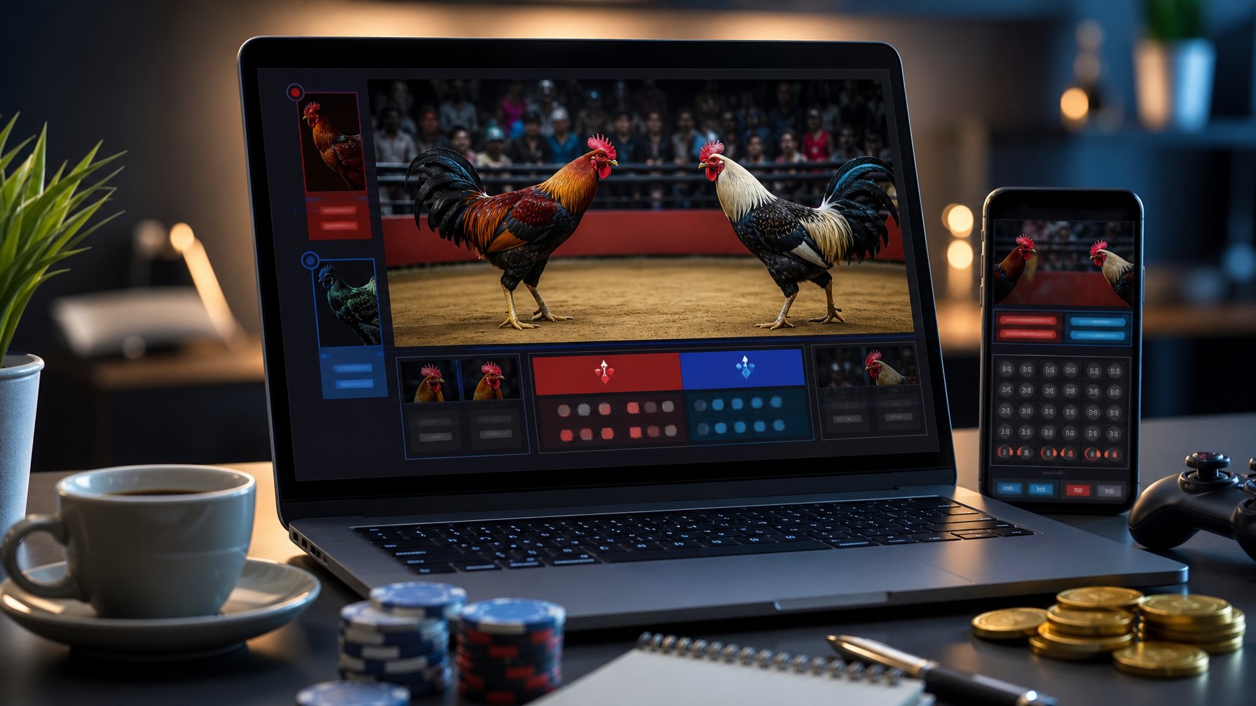 Seorang pengguna bekerja dengan laptop yang menampilkan platform taruhan sabung ayam online di meja kerja modern.