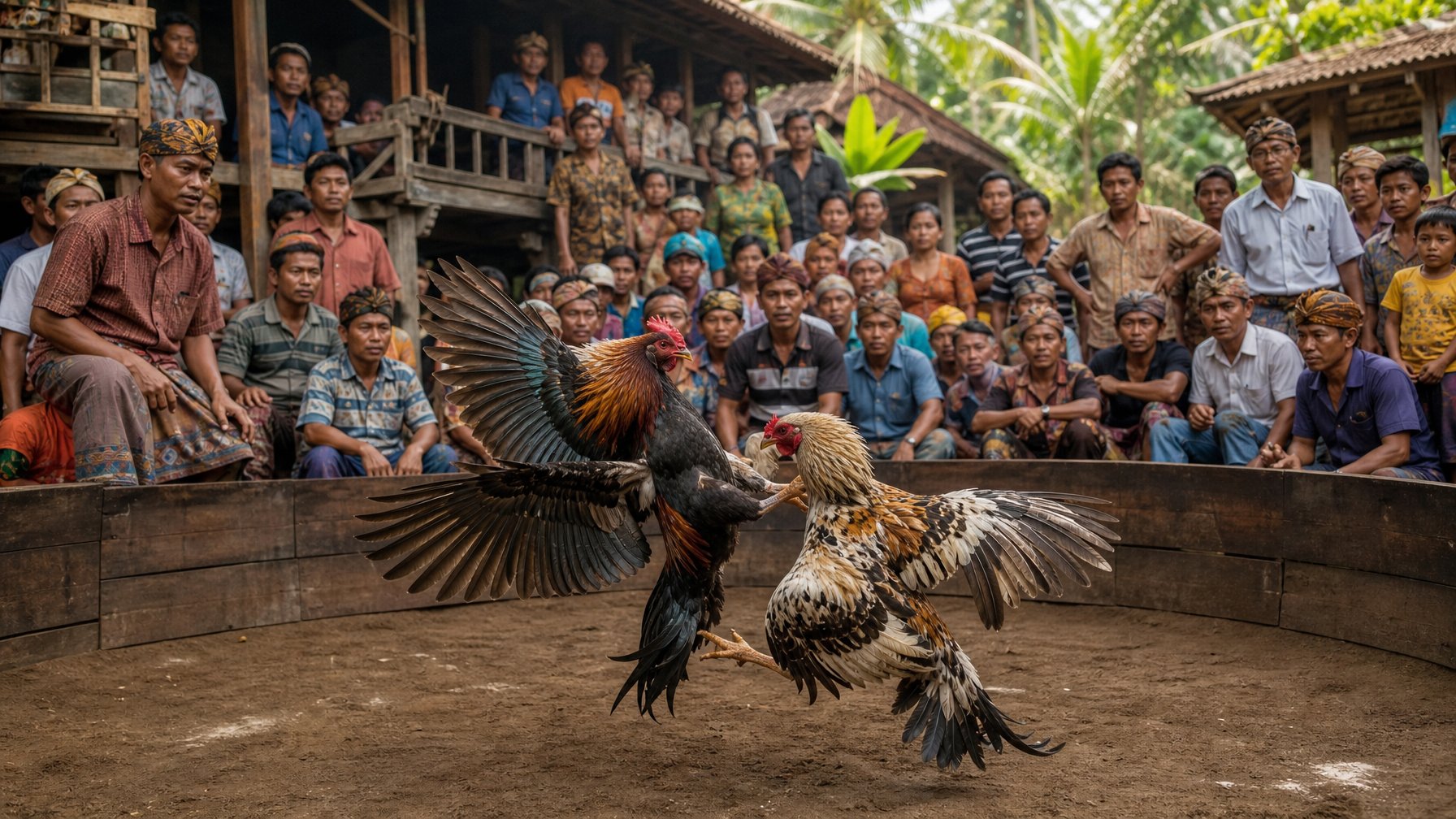 Dua ayam jago bertarung di arena kayu dengan penonton yang menonton dengan antusias di latar belakang.