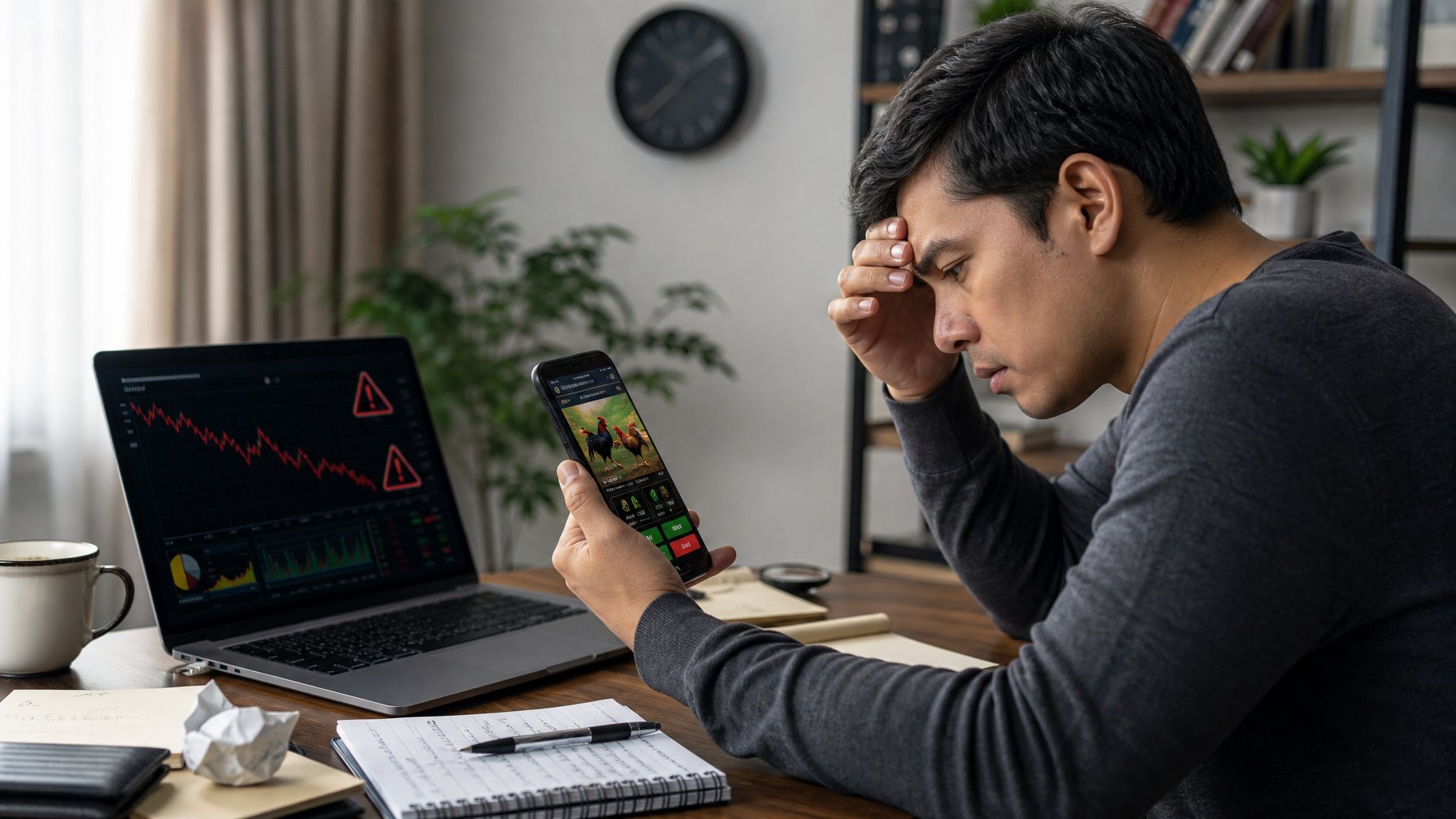 Seorang pria duduk di meja kerja dengan ekspresi cemas sambil memegang ponsel yang menampilkan aplikasi taruhan sabung ayam online, di depan laptop dengan grafik peringatan risiko keuangan.