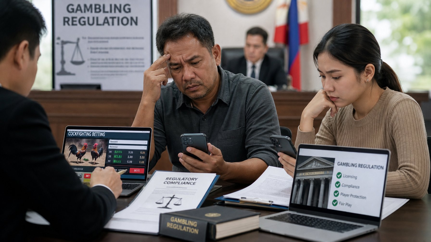 Beberapa orang duduk di meja dengan laptop dan ponsel, menunjukkan aktivitas taruhan sabung ayam dan dokumen regulasi di latar belakang kantor pemerintah.