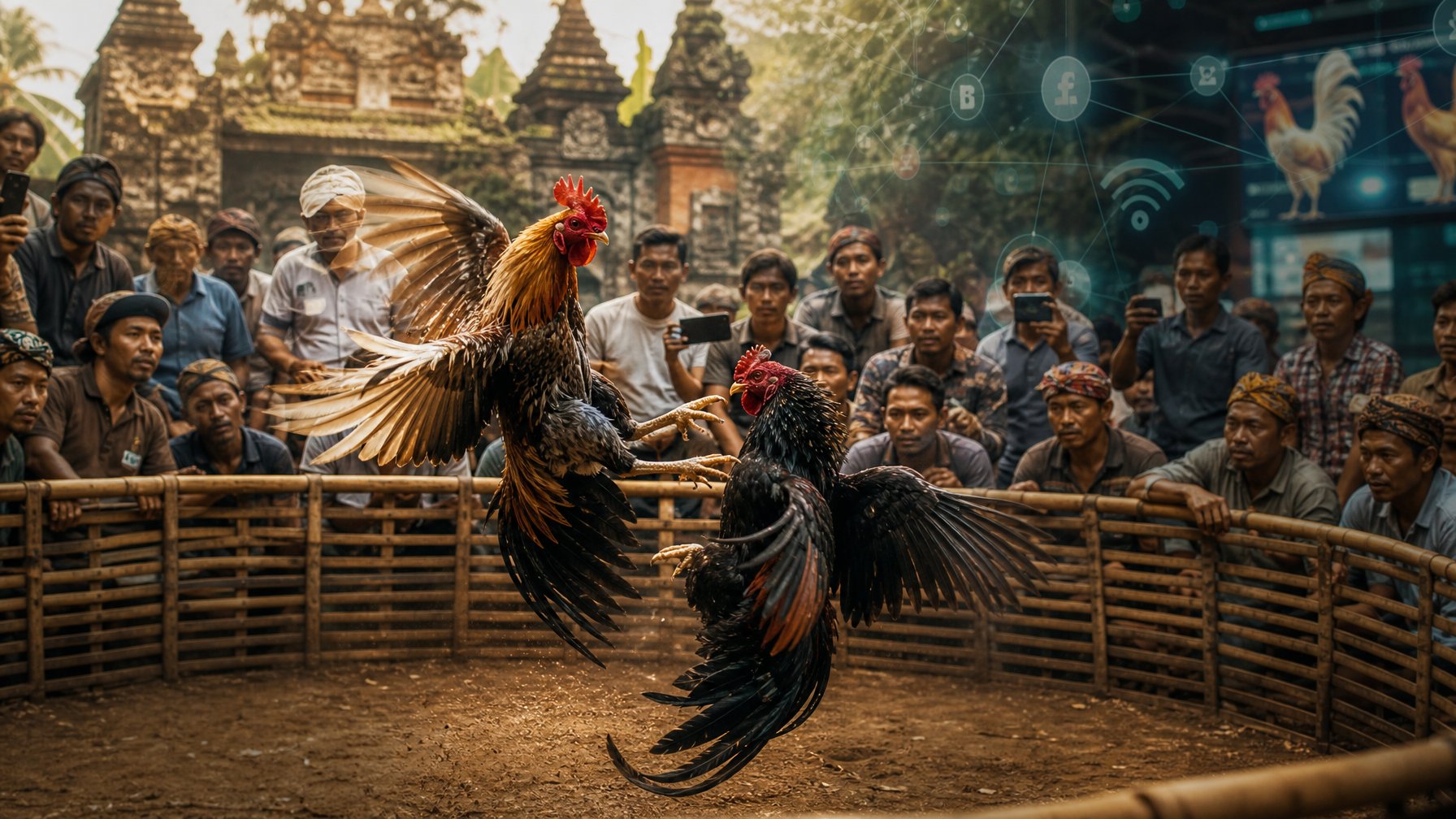Dua ayam jago sedang bertarung di dalam kandang kayu dengan kerumunan orang yang mengamati di sekitarnya.