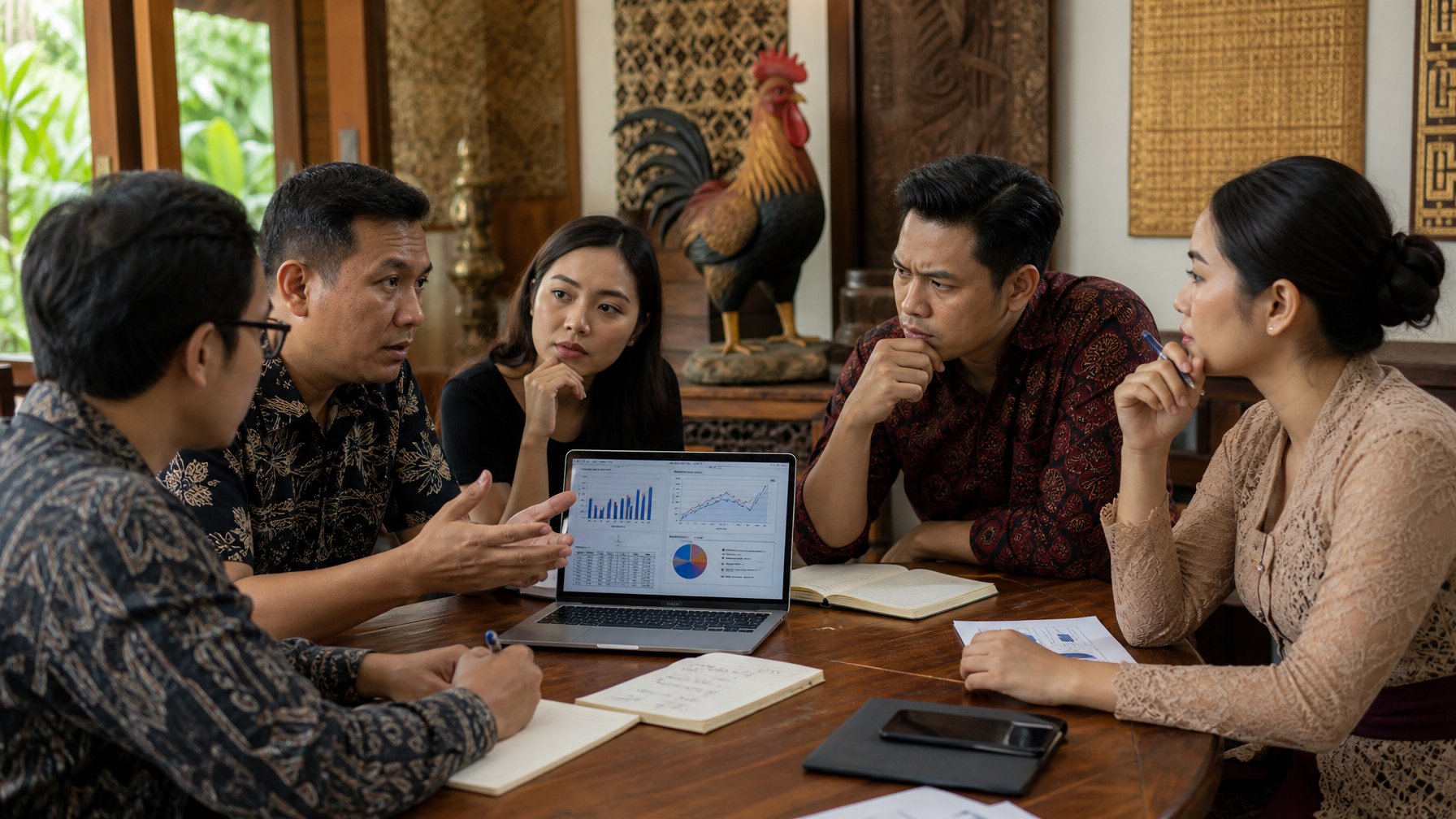 Sekelompok orang dewasa sedang berdiskusi serius di sekitar meja dengan laptop dan catatan, dengan hiasan ayam jago dan dekorasi tradisional di latar belakang.