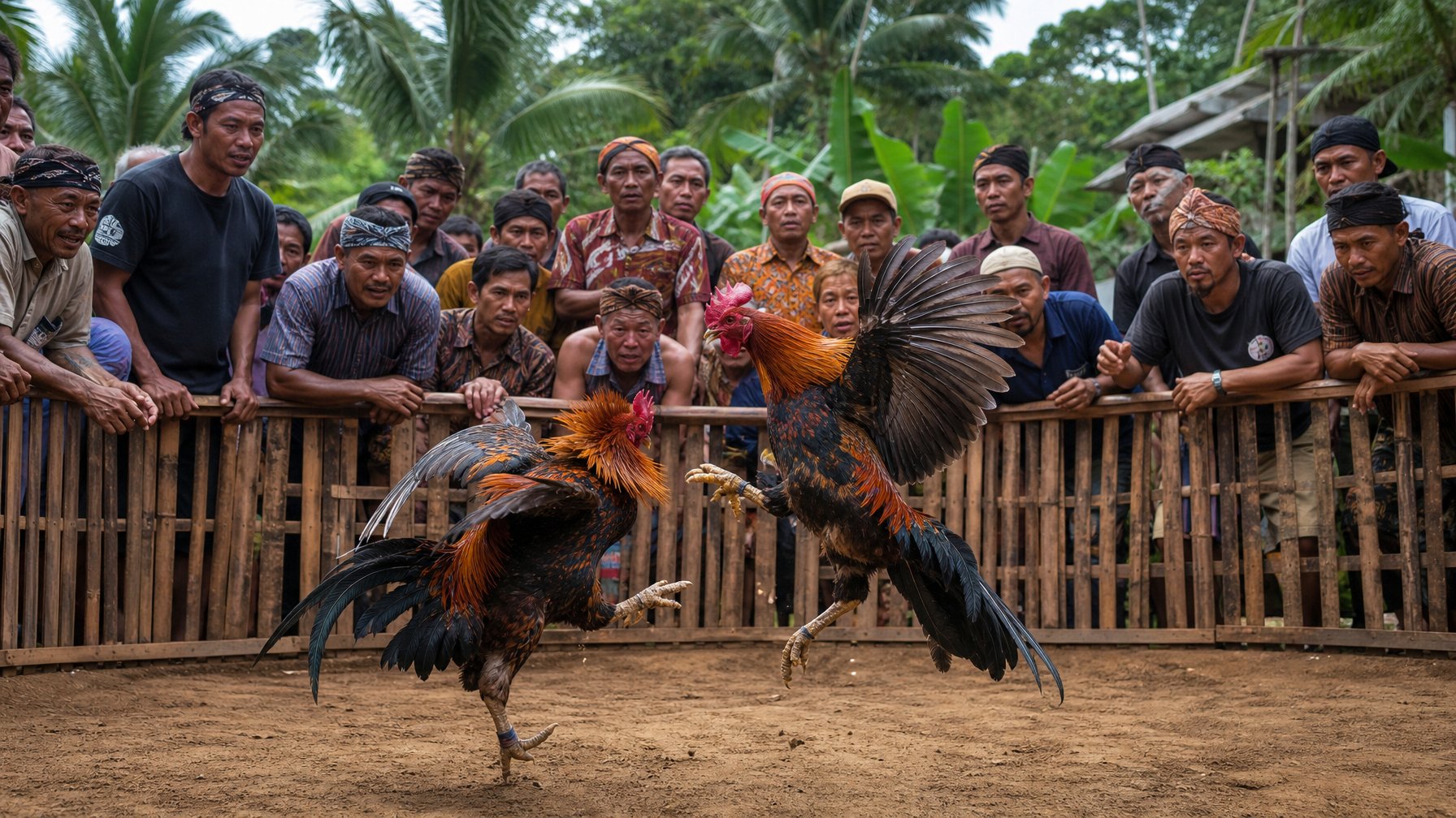 Sekelompok pria sedang menonton sabung ayam tradisional di arena kayu di pedesaan Indonesia dengan latar belakang tumbuhan tropis dan suasana siang hari.