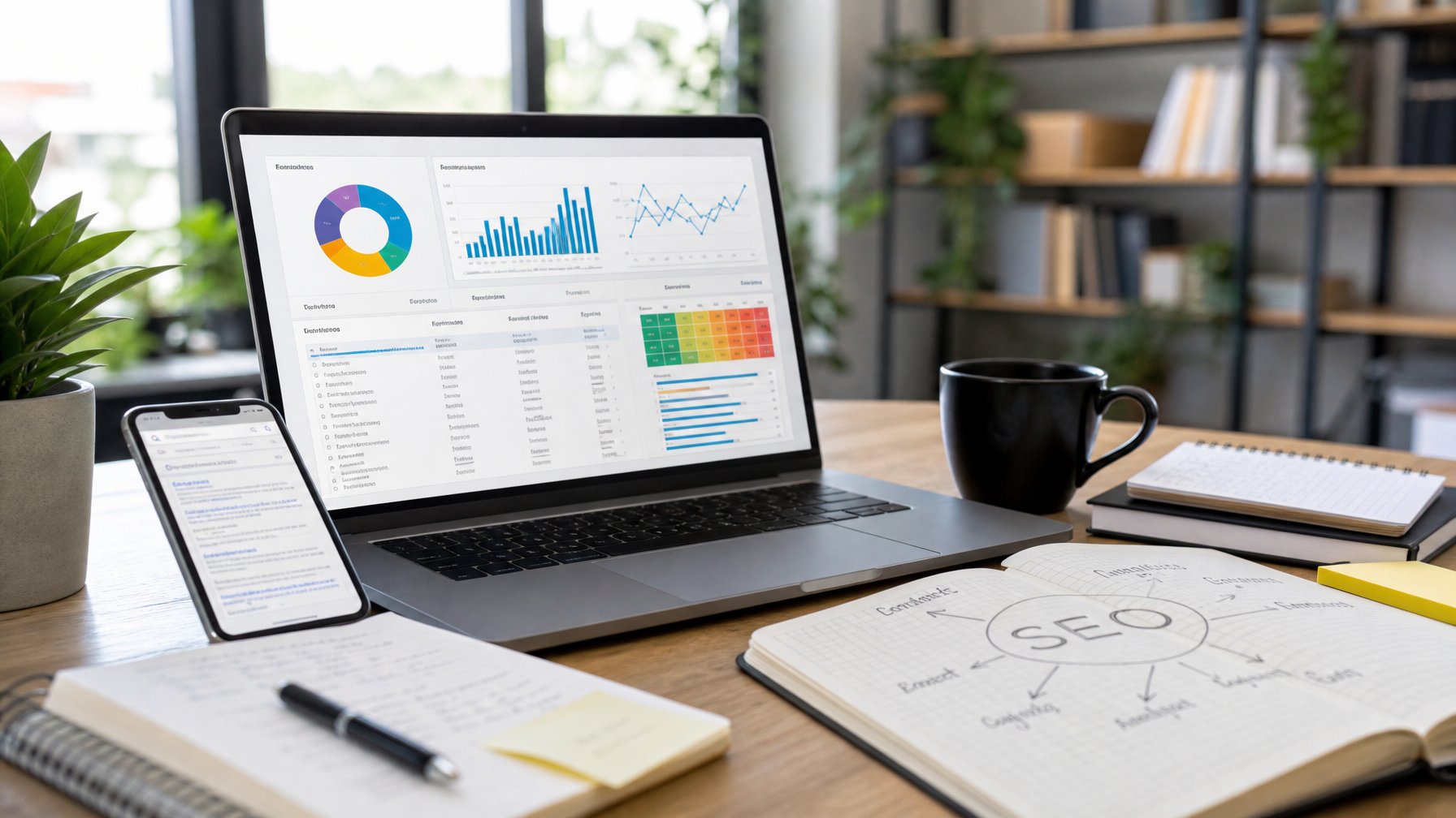 Sebuah ruang kerja modern dengan laptop yang menampilkan grafik analisis dan data penelitian kata kunci, dikelilingi oleh buku catatan, ponsel, dan secangkir kopi di meja, dengan latar belakang kantor yang terang dan tanaman hijau.