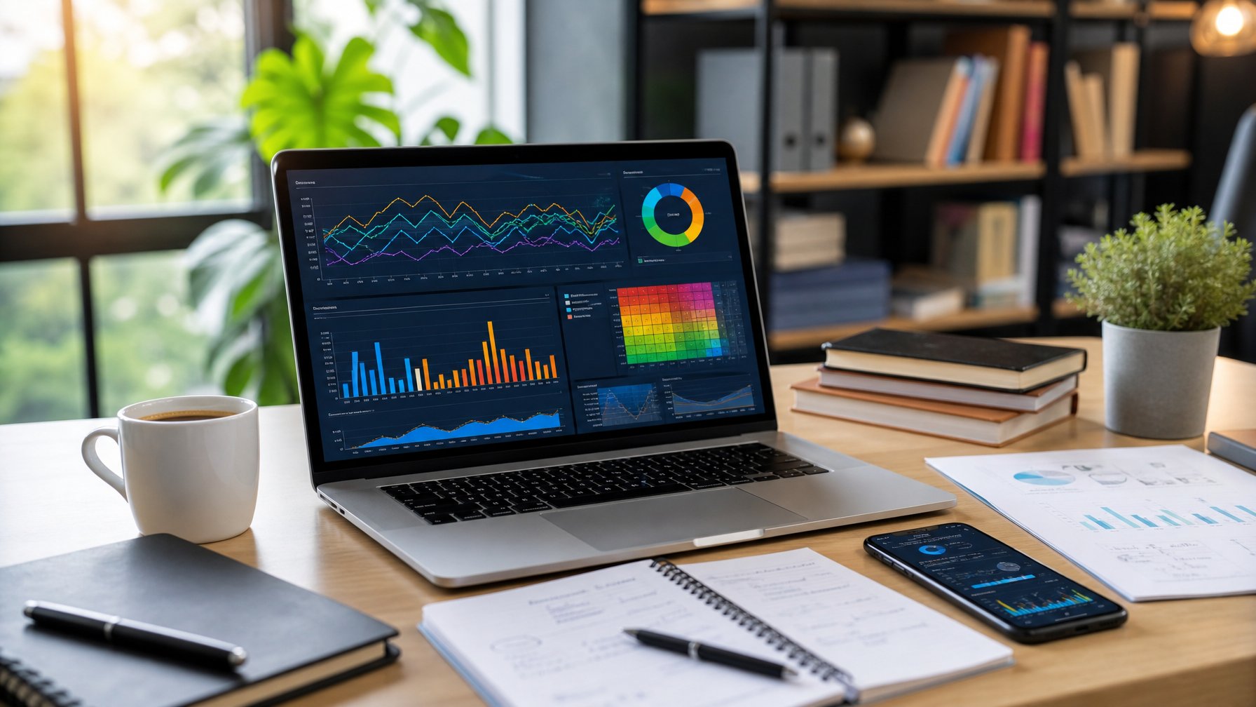 Seorang profesional sedang bekerja di meja dengan laptop yang menampilkan grafik dan data tren pencarian kata kunci, dikelilingi oleh catatan, ponsel, dan secangkir kopi di ruang kantor yang terang dan rapi.