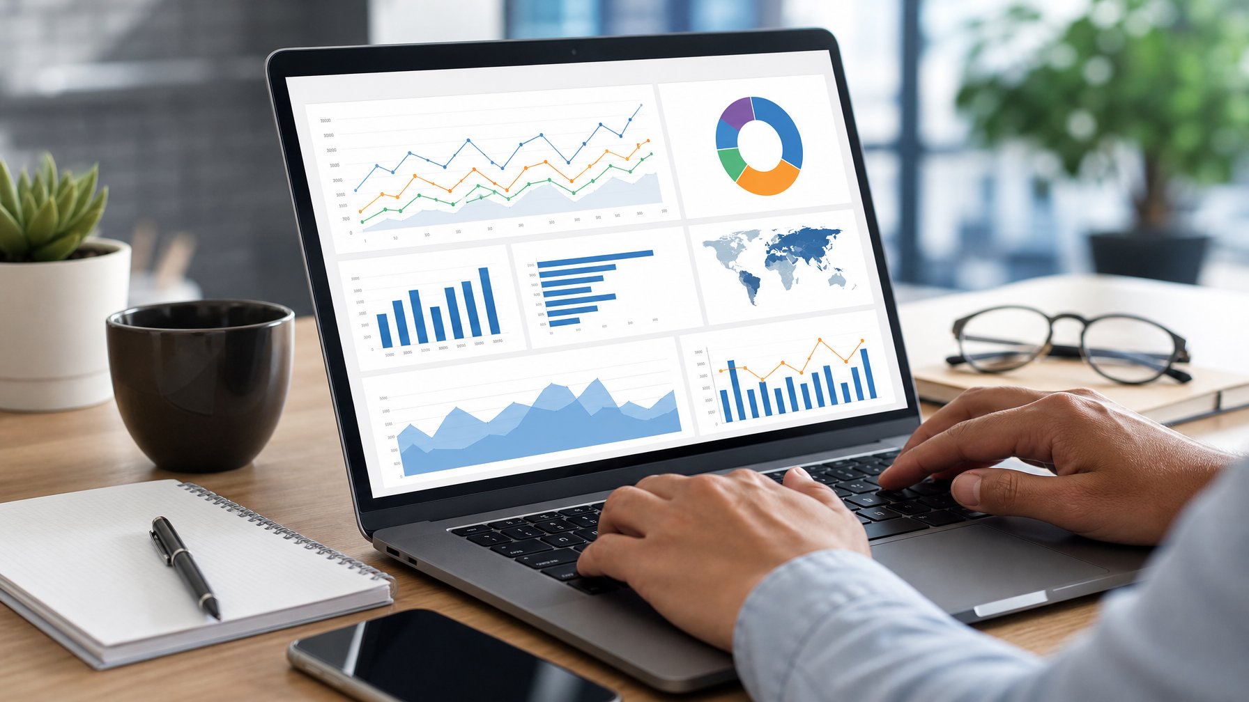 Orang sedang menggunakan komputer dengan grafik dan data analisis pencarian online di layar di ruang kantor yang rapi.