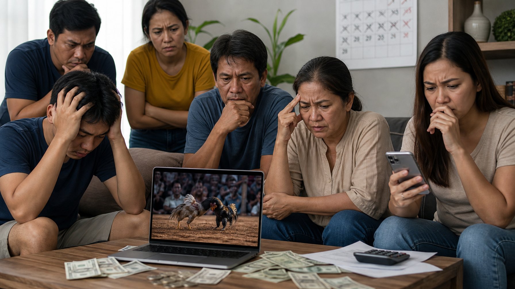 Sekelompok orang di ruang tamu yang terlihat khawatir dan stres sambil menonton pertandingan sabung ayam di laptop dan menggunakan aplikasi taruhan di ponsel.