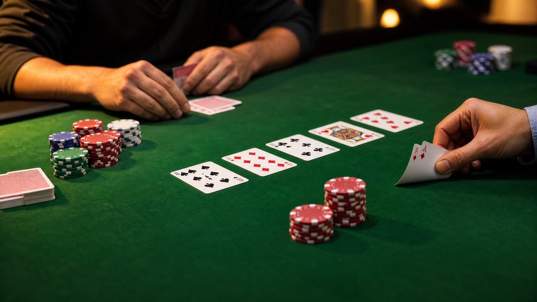 Meja poker dengan kartu dan chip merah, dua pemain sedang bermain dan memasang taruhan.