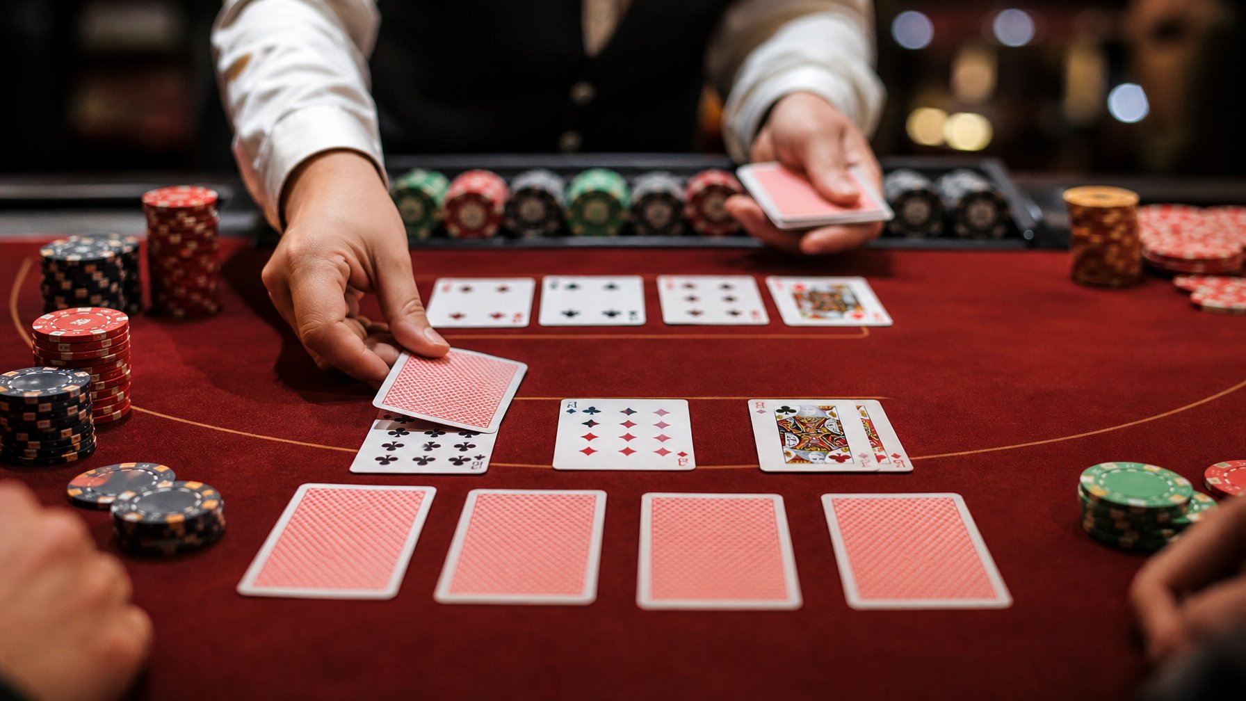 Meja kasino dengan kartu Red Dog Poker dan tumpukan chip, tangan dealer sedang membagikan kartu.