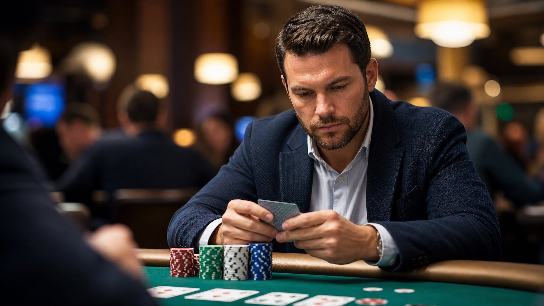 Seorang pemain poker serius sedang memegang kartu di meja poker dengan tumpukan chip di depan, suasana kasino di latar belakang.