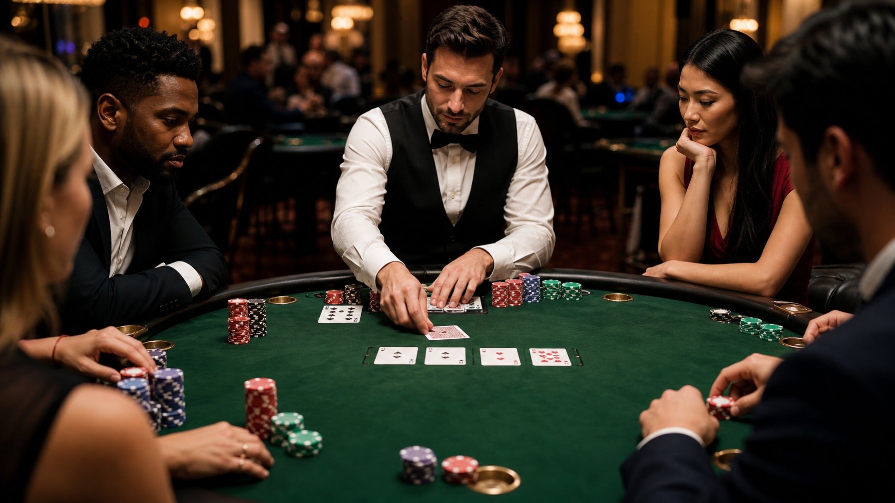 Seorang dealer dan beberapa pemain sedang bermain Red Dog Poker di meja kasino dengan suasana serius dan fokus.