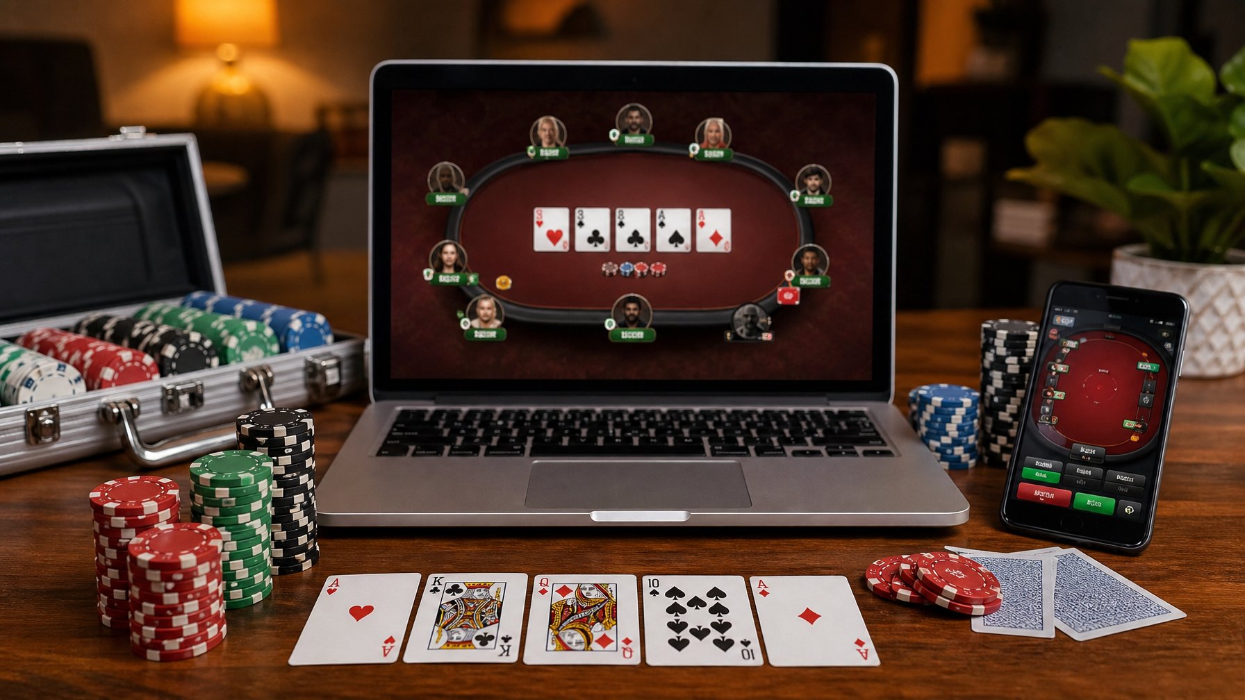 Sebuah meja dengan laptop yang menampilkan permainan Red Dog Poker online, dikelilingi oleh chip poker dan kartu remi.
