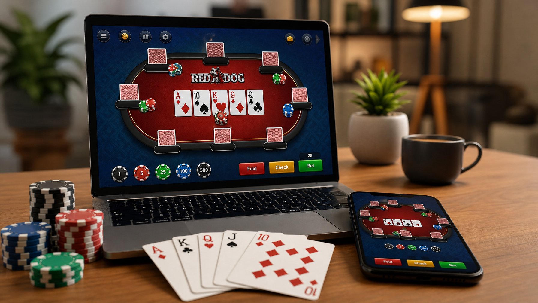 Sebuah laptop dan smartphone menampilkan permainan Red Dog Poker dengan kartu dan chip poker di atas meja kayu.