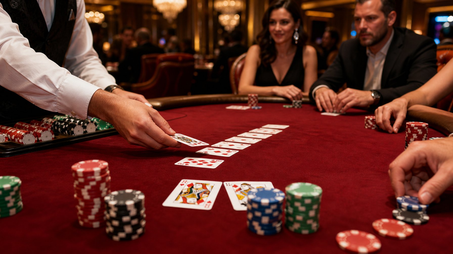 Meja poker dengan kartu dan chip sedang dimainkan oleh beberapa orang di kasino.