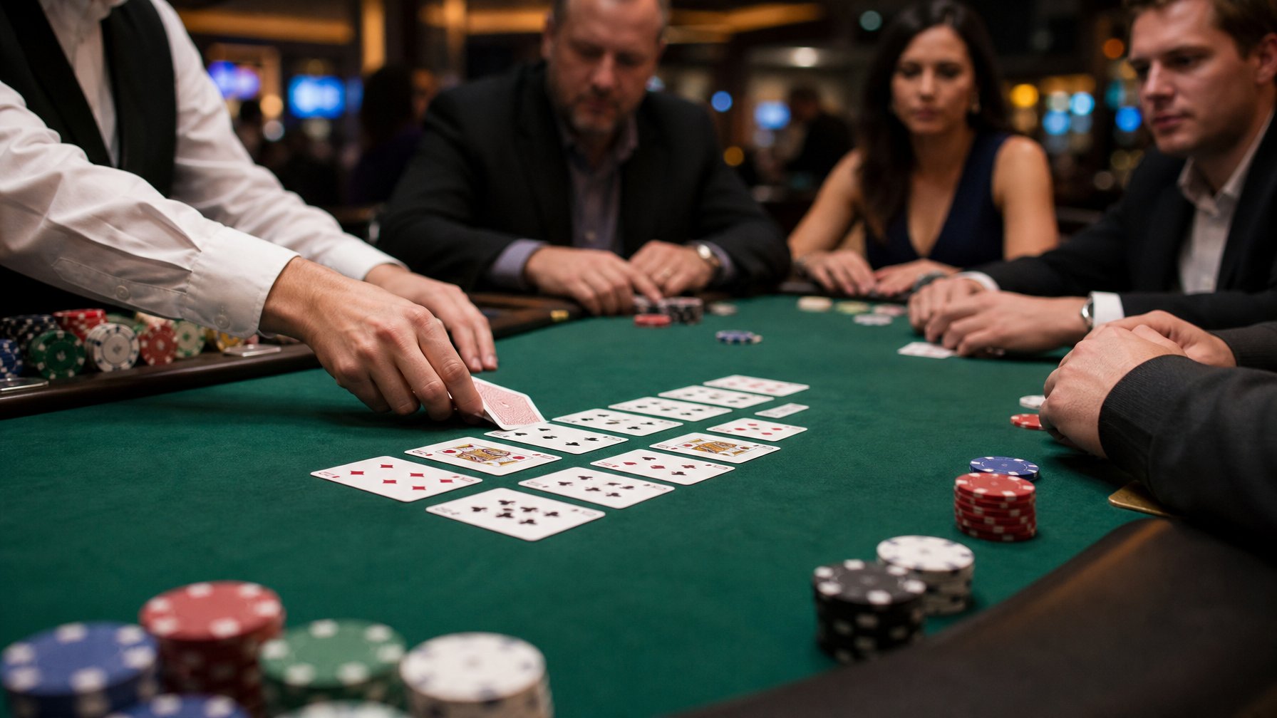 Meja poker dengan kartu dan chip sedang dimainkan dalam suasana kasino dengan beberapa pemain memperhatikan permainan.