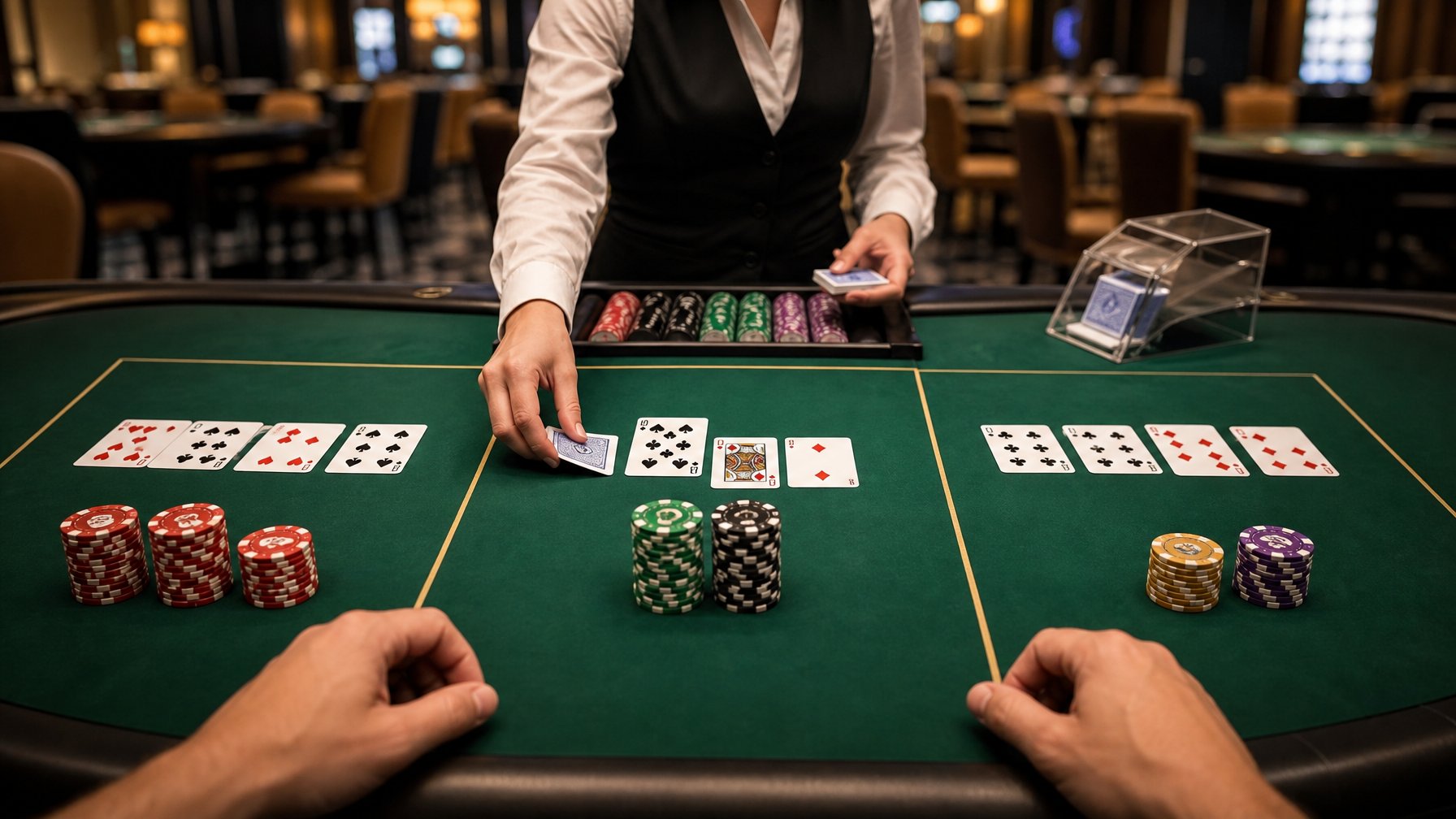 Meja kasino dengan tiga area berbeda untuk permainan Red Dog Poker, Blackjack, dan Baccarat, menampilkan kartu dan chip poker yang tersusun rapi.