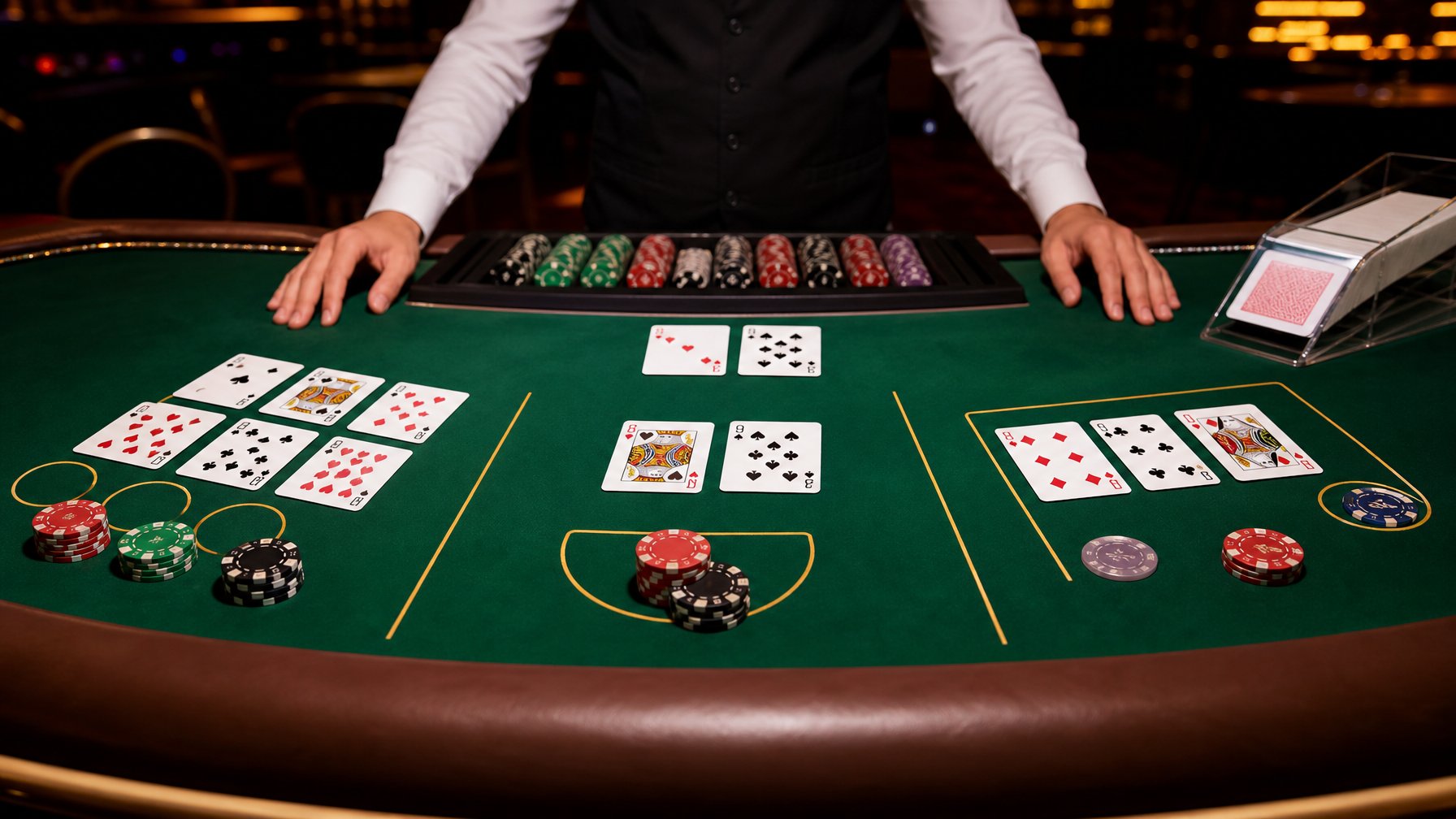 Meja kasino dengan kartu dan chip untuk permainan Red Dog Poker, Blackjack, dan Baccarat yang berbeda.