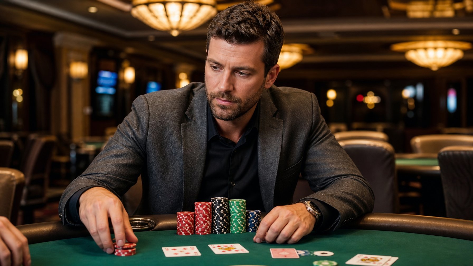 Seorang pria duduk di meja poker di kasino dengan tumpukan chip dan kartu bermain, fokus bermain Red Dog Poker.