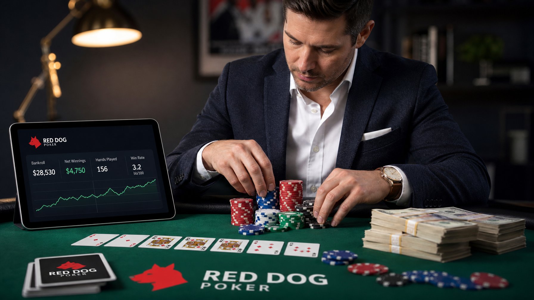 Seorang pemain poker sedang mengatur chip dan uang di meja poker dengan ekspresi fokus.