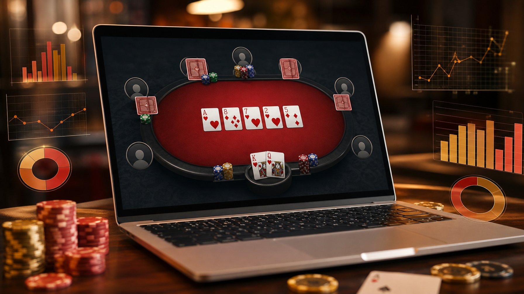 Seorang pemain duduk di depan komputer dengan meja poker digital berwarna merah di layar, dikelilingi oleh chip poker dan grafik peluang taruhan.