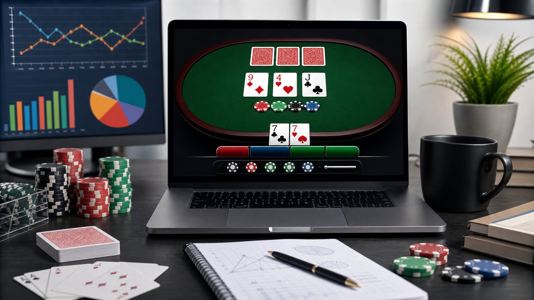 Seorang pemain poker online sedang bermain Red Dog Poker di komputer dengan kartu dan chip poker di meja.