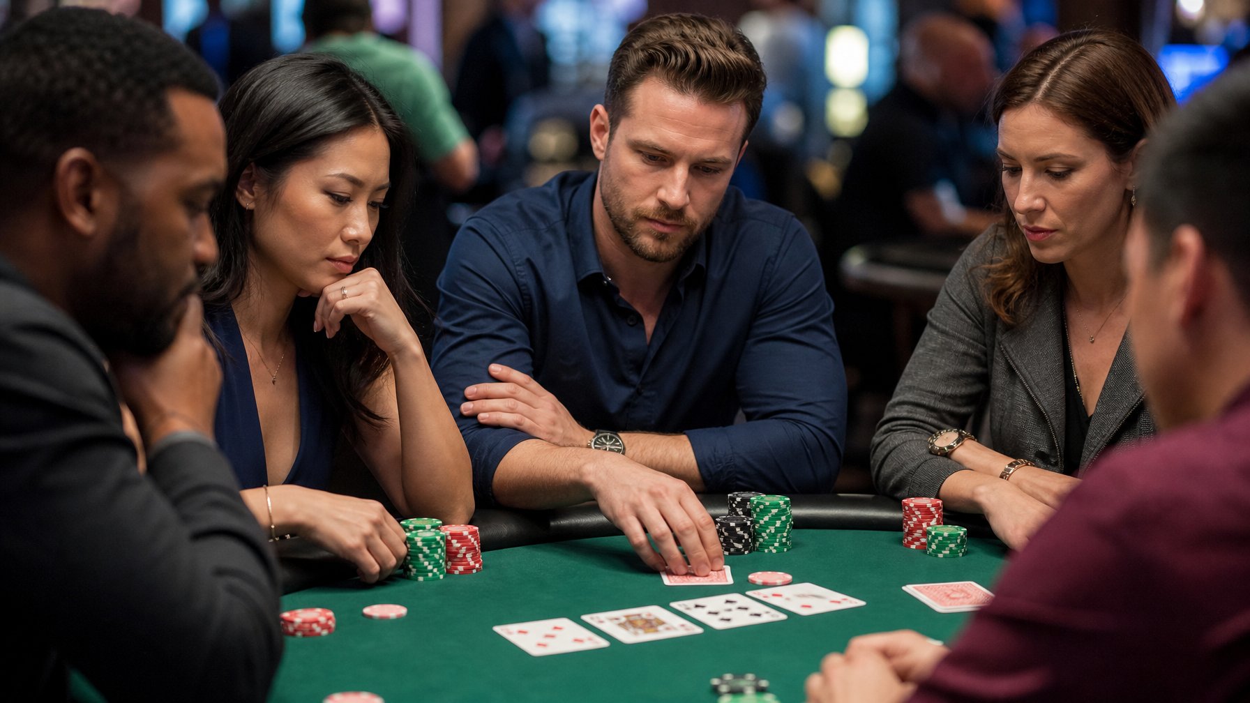 Sekelompok orang dewasa bermain Red Dog Poker di meja kasino dengan ekspresi fokus dan serius.