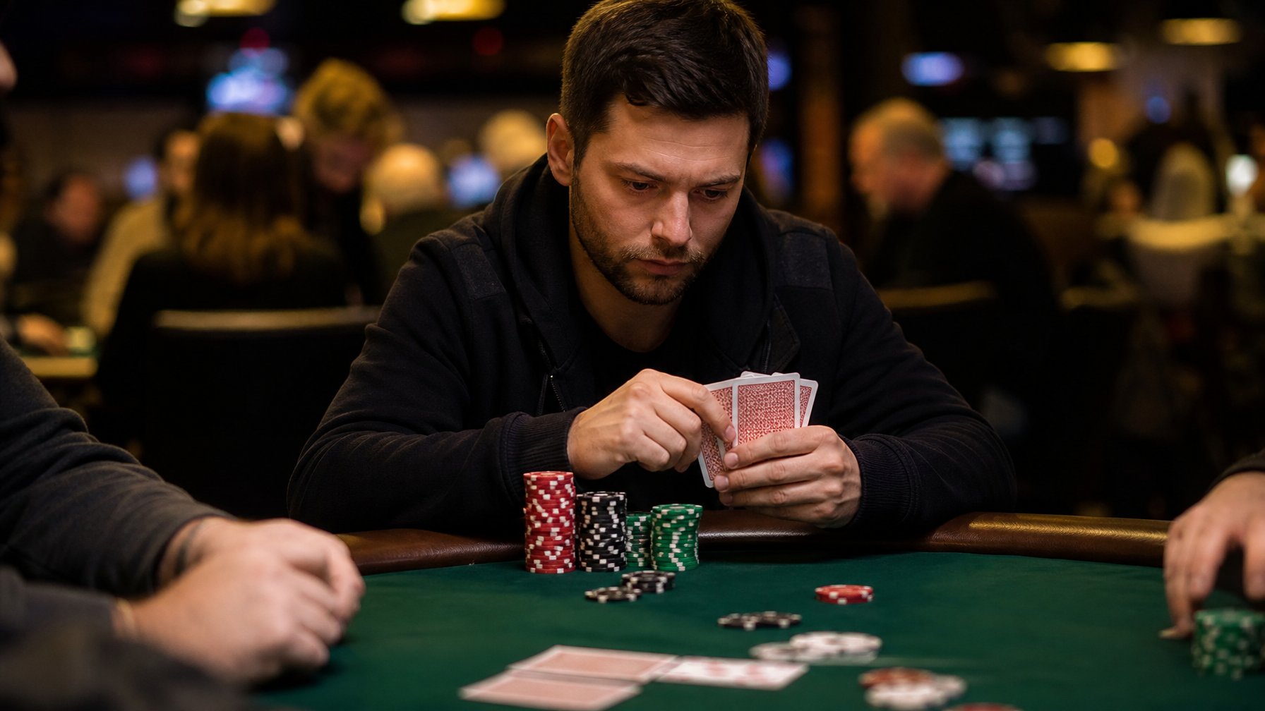 Seorang pemain poker sedang fokus menganalisis kartu di meja poker dengan tumpukan chip di depannya.