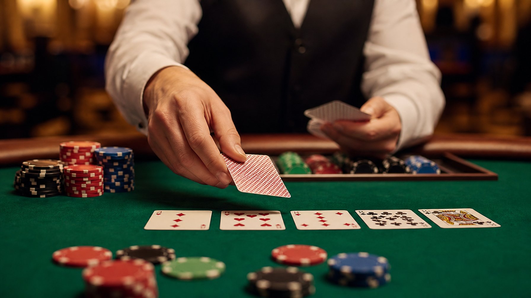 Meja poker hijau dengan kartu dan chip poker, tangan dealer sedang membagikan kartu di suasana kasino yang hangat.