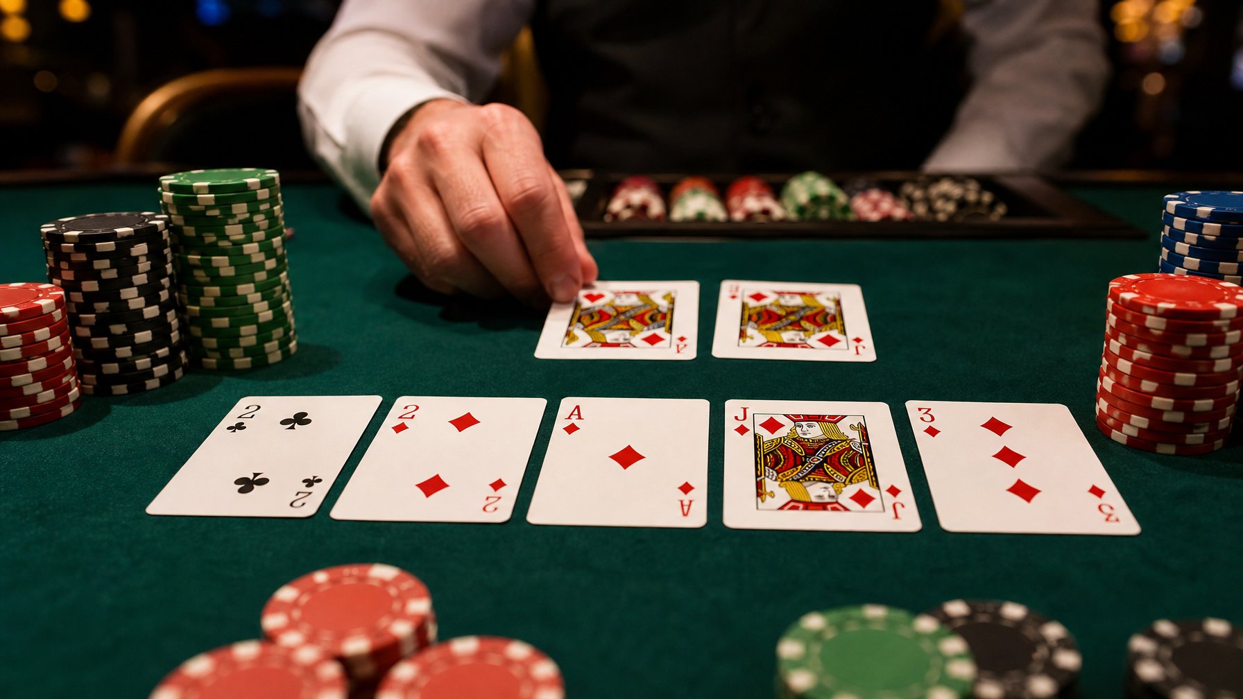 Meja poker dengan kartu dan tumpukan chip, menampilkan permainan Red Dog Poker di kasino.