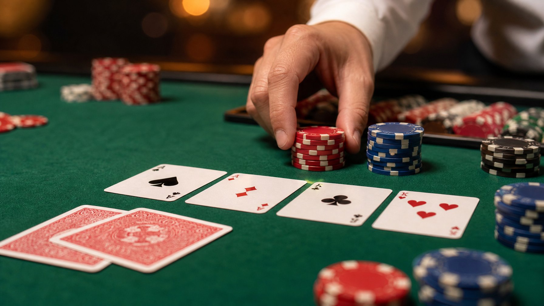 Meja poker dengan kartu dan chip yang tersusun rapi, menampilkan suasana permainan Red Dog Poker.