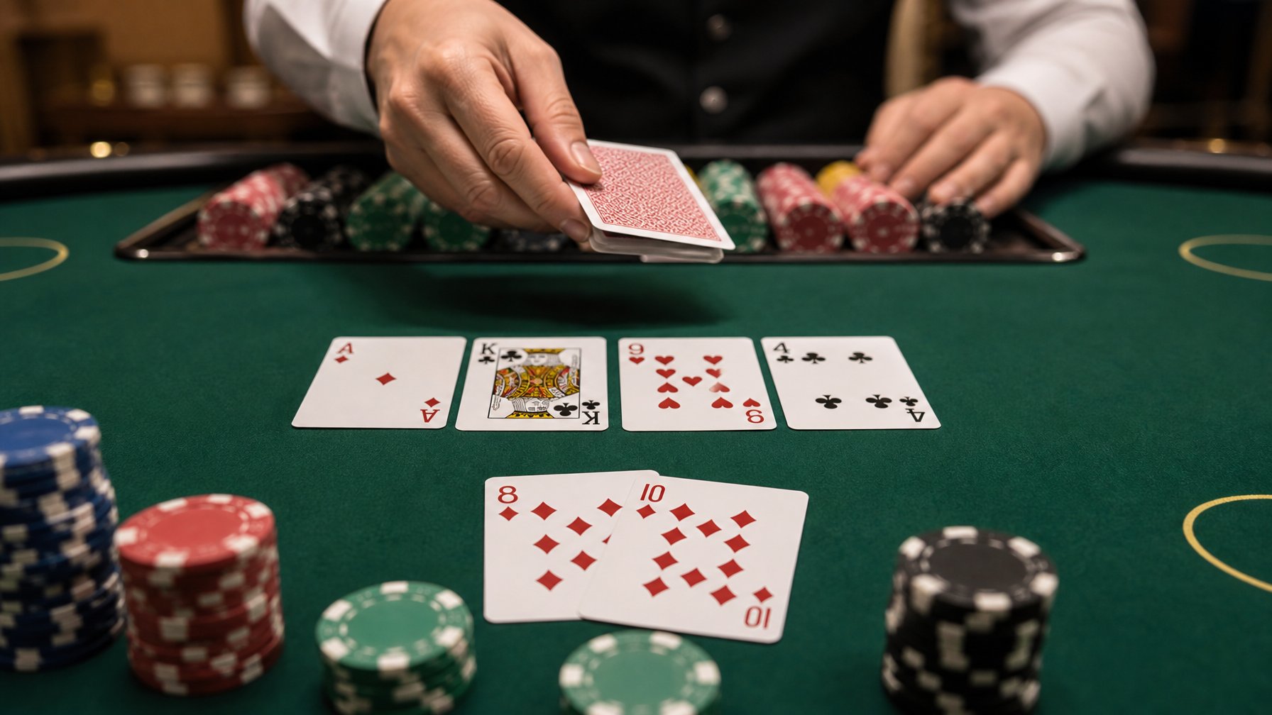 Meja kasino dengan kartu dan chip poker sedang dimainkan dalam permainan Red Dog Poker.