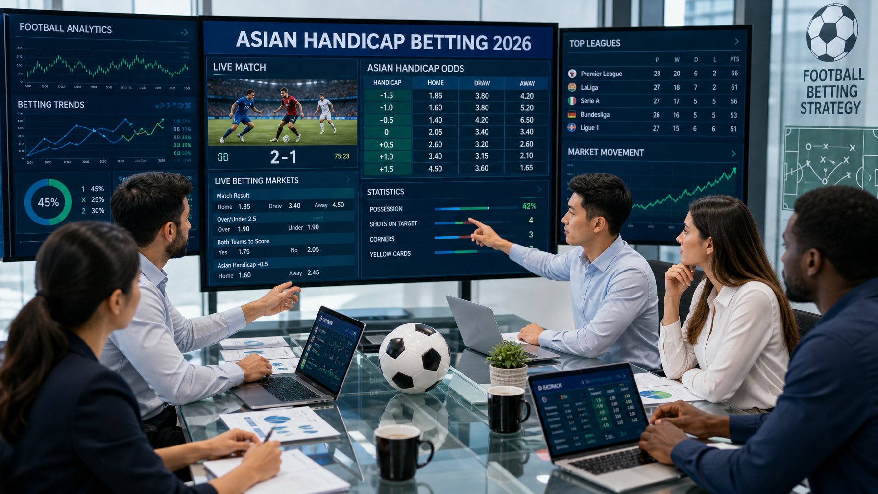 Sekelompok profesional sedang menganalisis data taruhan sepak bola Asia di ruang kerja modern dengan beberapa layar komputer.