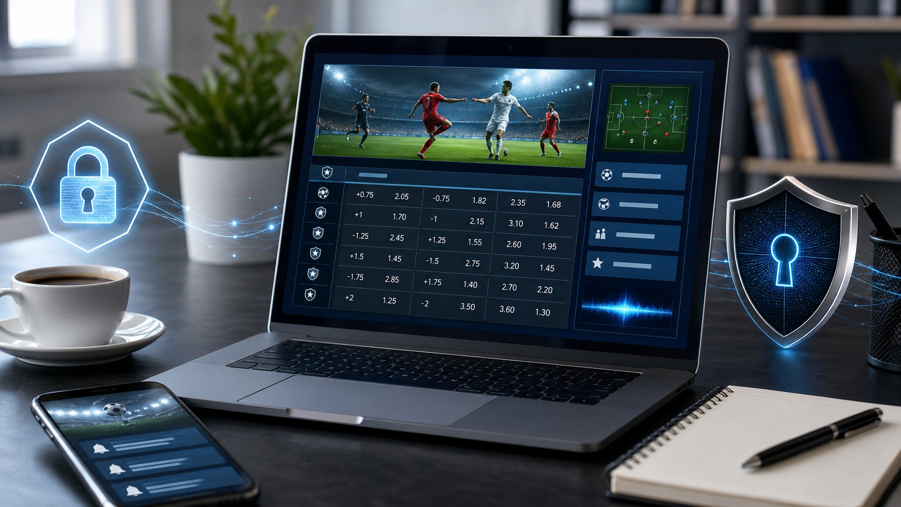 Seorang pria menggunakan laptop di meja kerja dengan layar menampilkan situs taruhan olahraga, dikelilingi simbol keamanan seperti ikon gembok dan perisai, di ruang kantor yang terang dan rapi.
