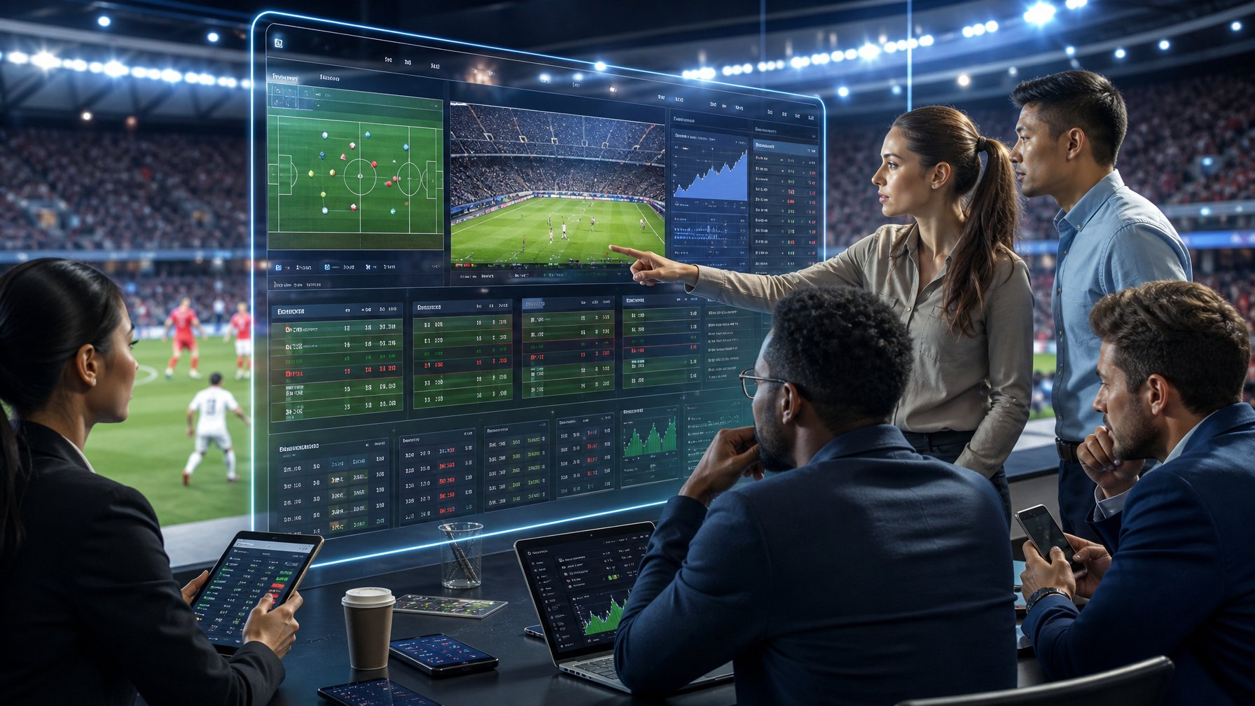 Orang-orang sedang menggunakan perangkat digital untuk memasang taruhan sepak bola internasional dengan latar stadion sepak bola yang ramai.