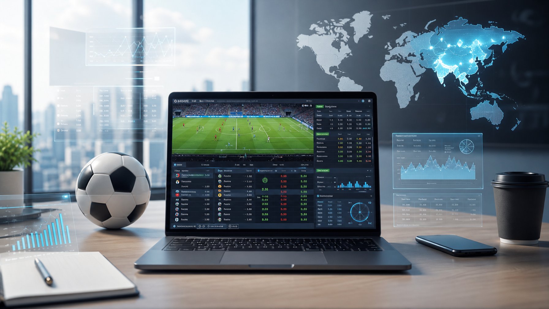 Seorang pria di depan laptop dengan tampilan statistik pertandingan sepak bola dan grafik taruhan, di meja terdapat bola sepak dan peta dunia yang menyoroti Asia.