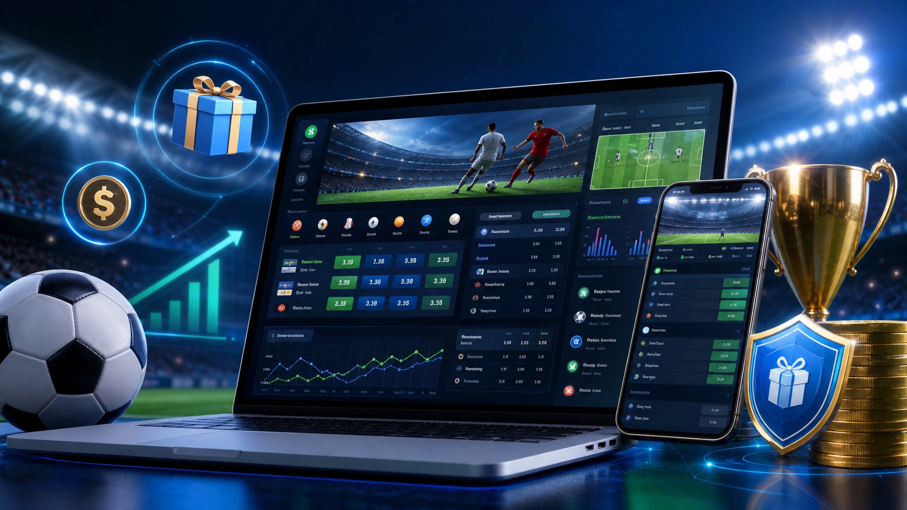 Seorang pria menggunakan laptop dengan tampilan antarmuka taruhan olahraga online, dikelilingi oleh bola sepak dan elemen grafis yang menggambarkan taruhan handicap Asia dan bonus anggota baru.