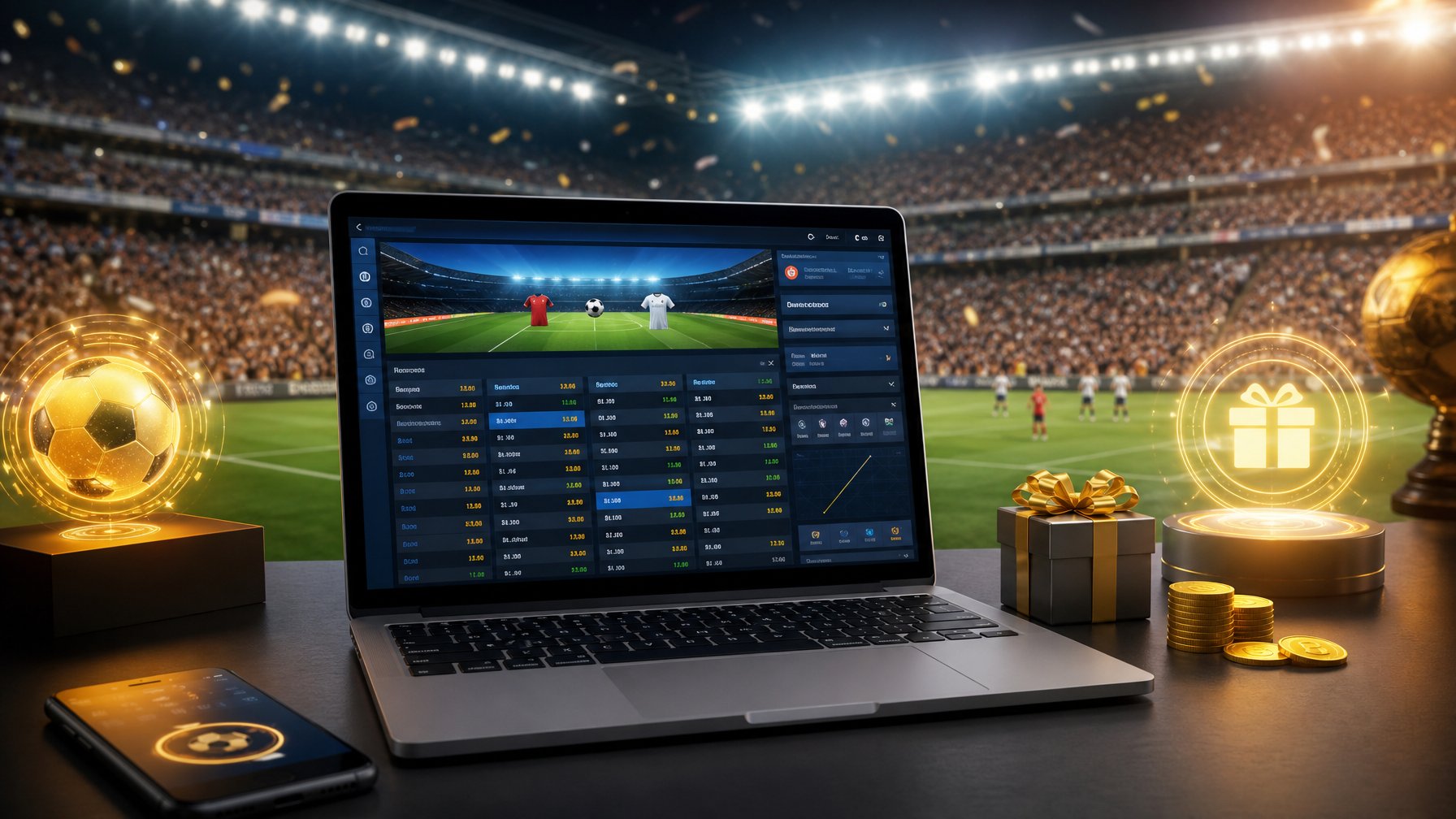 Seorang pria menggunakan laptop di meja kerja dengan tampilan antarmuka taruhan sepak bola online dan latar belakang stadion olahraga yang ramai.