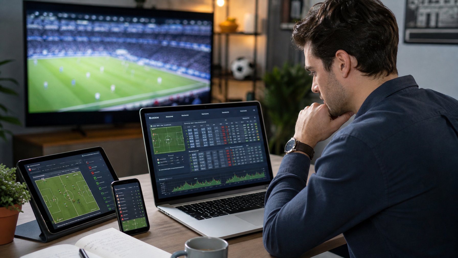 Seorang pria muda duduk di meja dengan laptop dan perangkat digital lain yang menampilkan data taruhan sepak bola online.