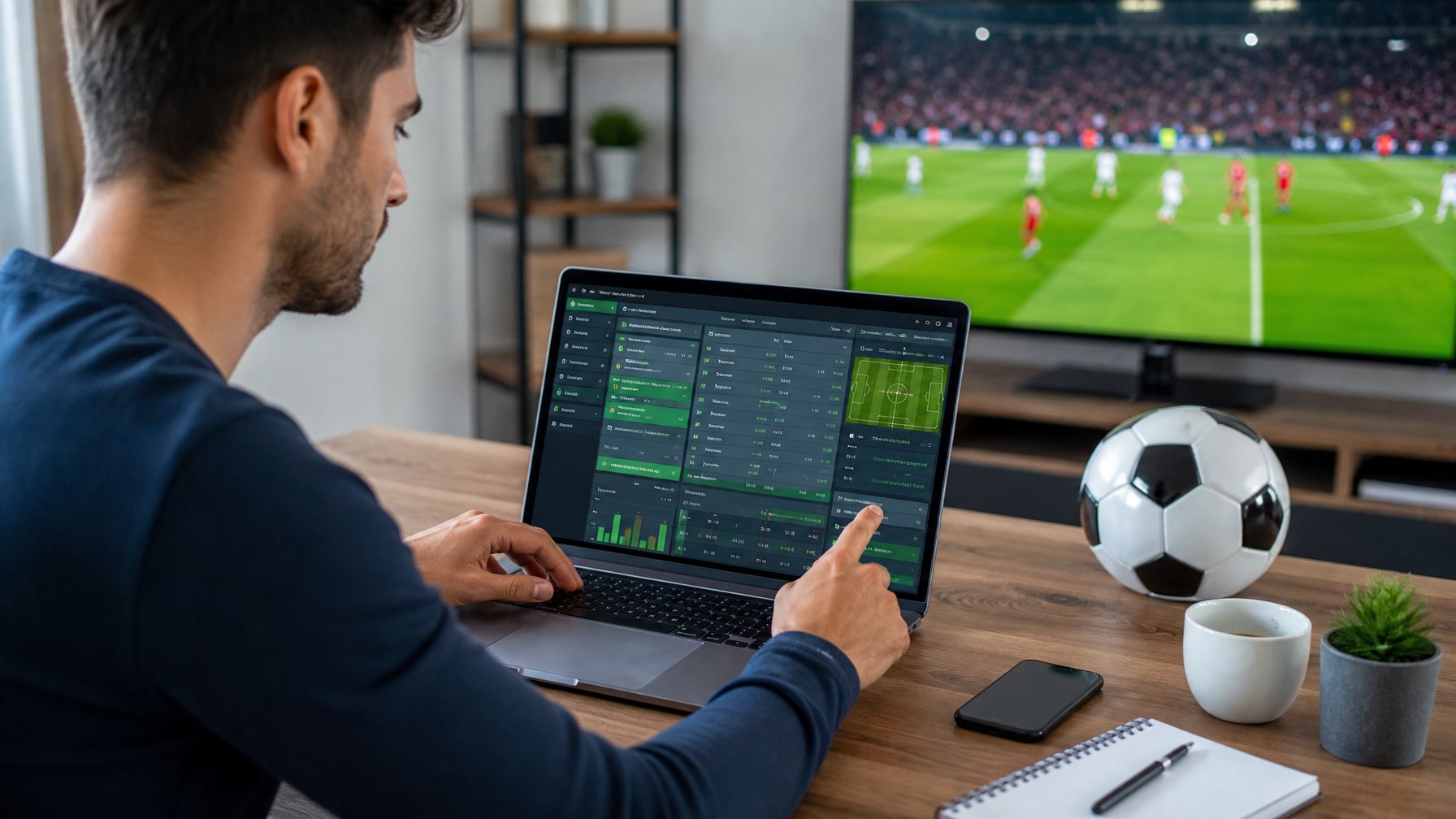 Seorang pria muda sedang menggunakan laptop dengan tampilan taruhan sepak bola handicap Asia di meja kerja yang rapi.