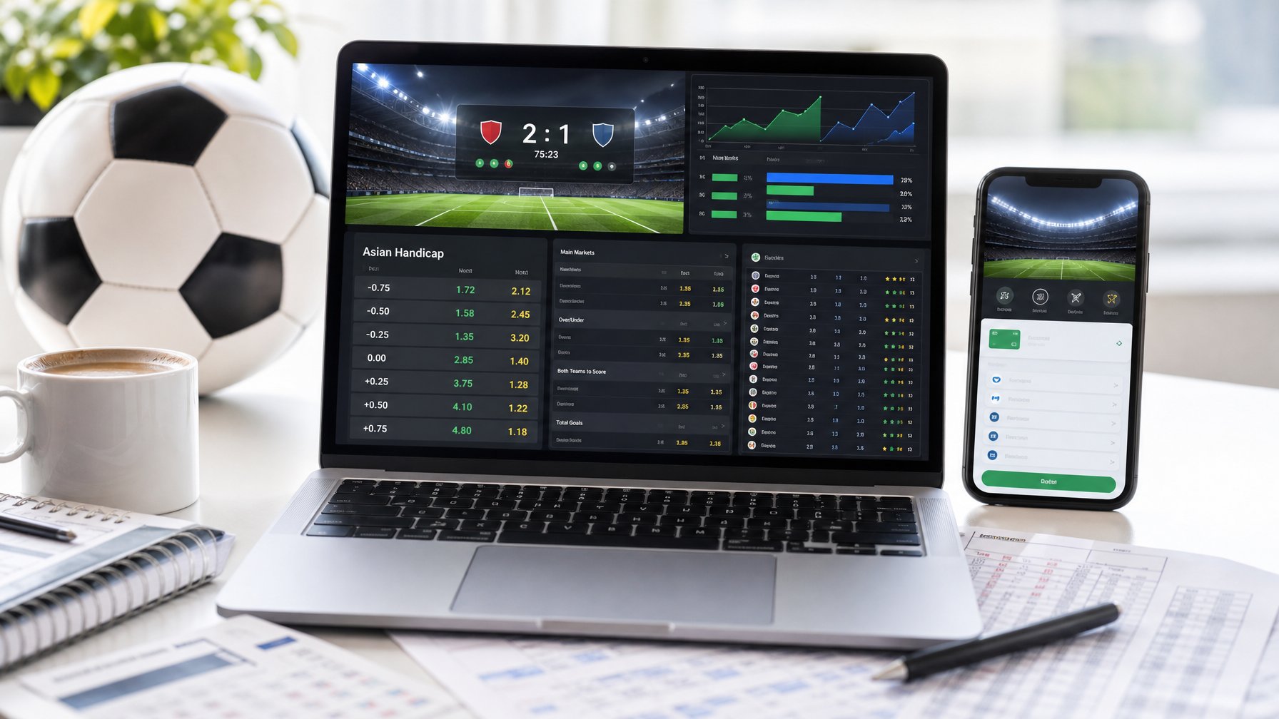 Seorang pria menggunakan laptop dan ponsel di meja kerja dengan tampilan situs taruhan olahraga dan elemen sepak bola di sekitarnya.
