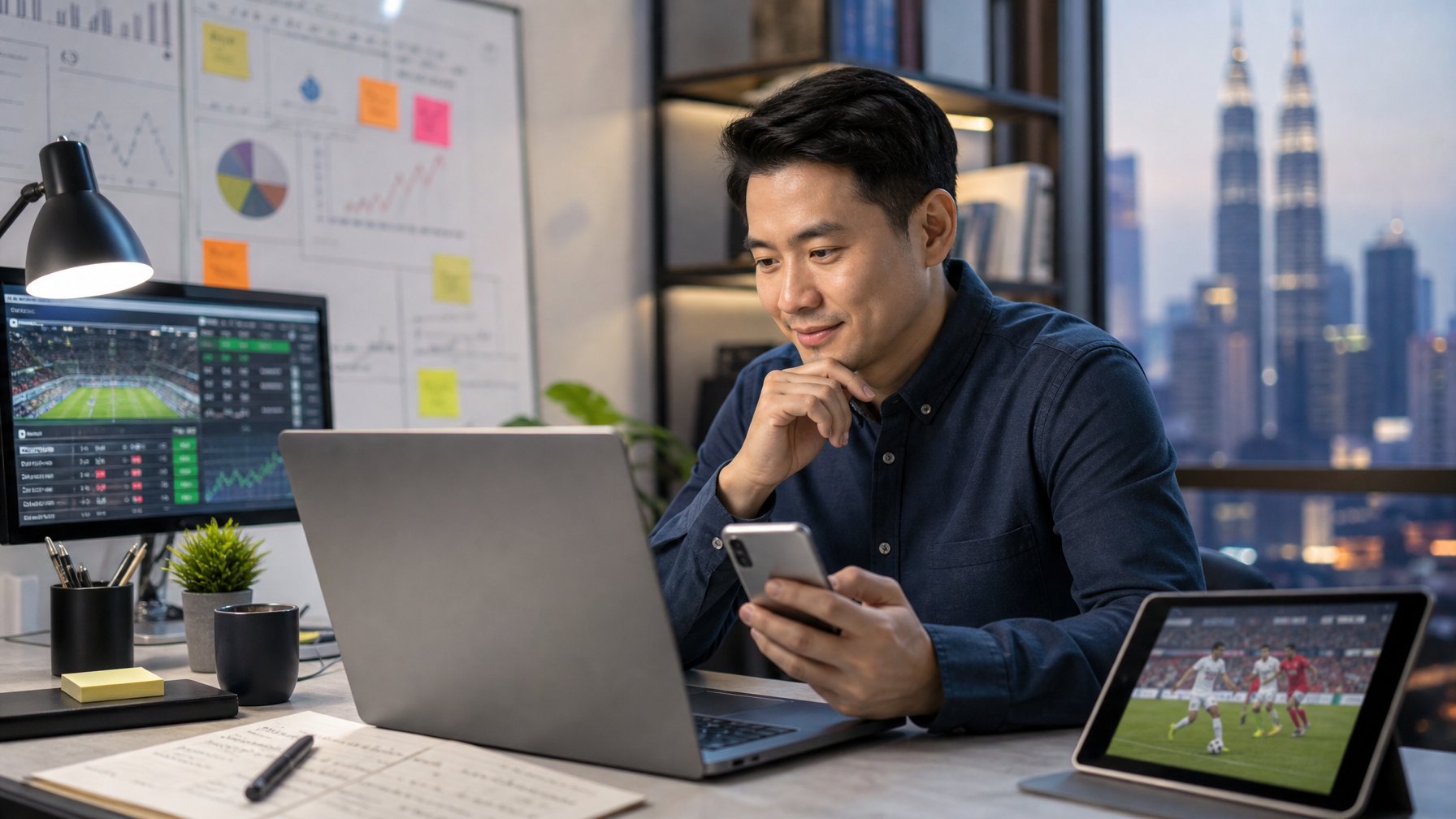 Seorang pria Asia duduk di meja dengan laptop dan ponsel, fokus menganalisis data taruhan olahraga online.